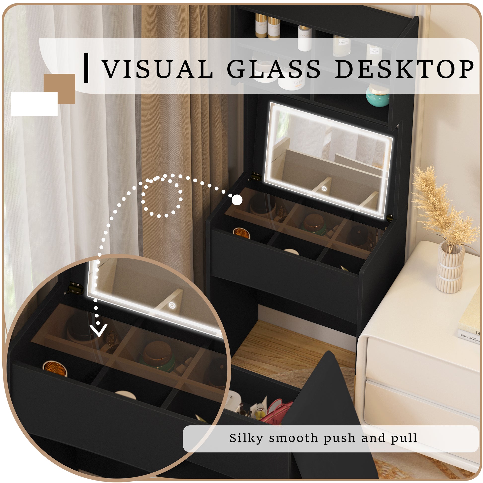 Dressing Table With Flip Top Led Illuminated Mirror, Vanity Table With Internal Storage Area, Makeup Vanity Dressing Table With Removable Upholstered Stool, Practical And Space Saving, Bedroom, Black Black Mdf