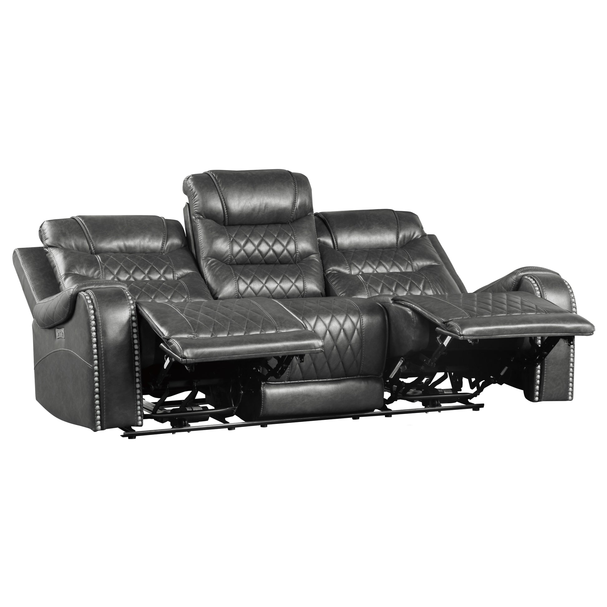 Luxurious Living Room Furniture Grayfaux Leather Upholstery 1Pc Power Double Reclining Sofa With Center Drop Down Cup Holders, Usb Ports, Diamond Pattern Stitching Gray Faux Leather Wood Primary Living Space Luxury,Modern Solid Wood 3 Seat