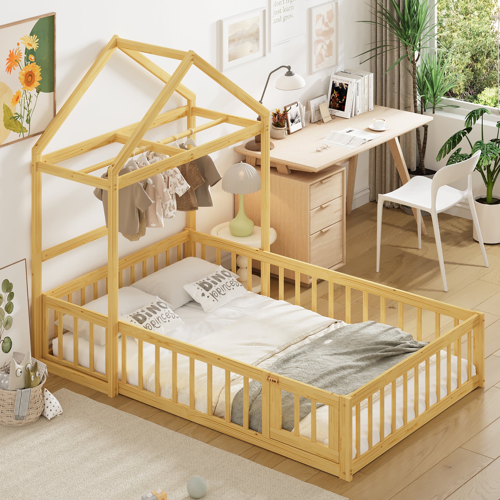 Wooden Floor Bed With Fence Railings And Detachable House Shape Headboard,Full Size Bed With Kids Dress Up Rack, Kids Montessori Style Playhouse Frame For Girls Boys, Natural Full Natural Wood