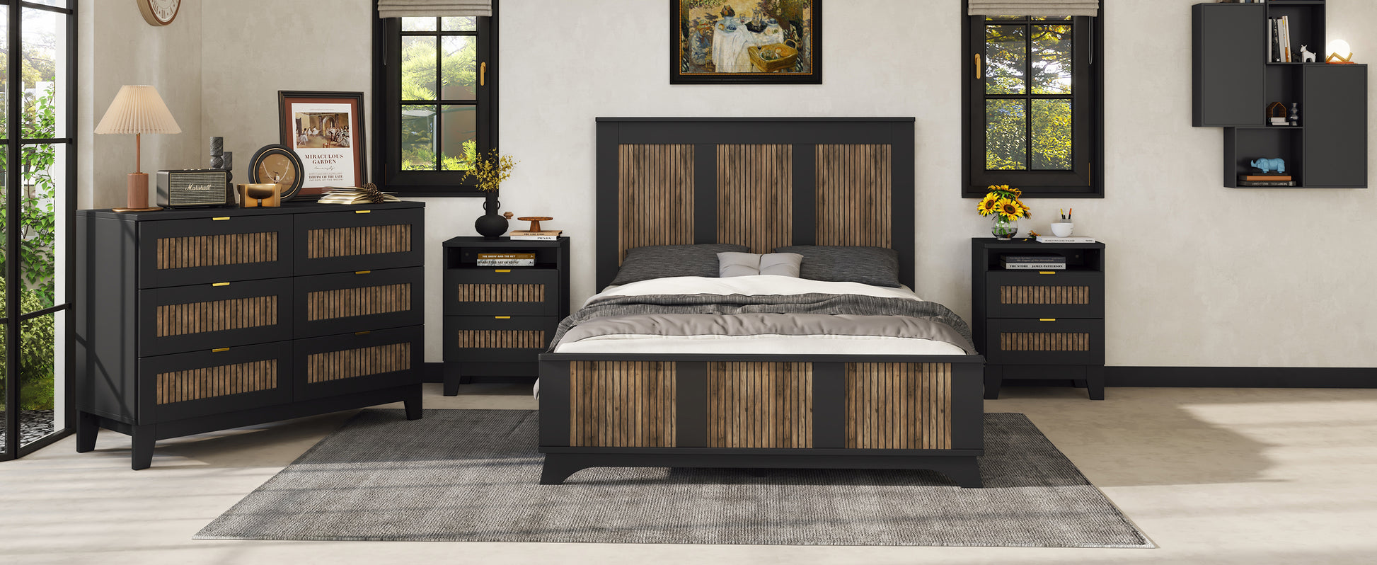 Farmhouse Wooden Platform Full Size Bed, Modern Platform Bed With Wooden Strip Decoration, Plywood Slats Support, Black Full Black Particle Board