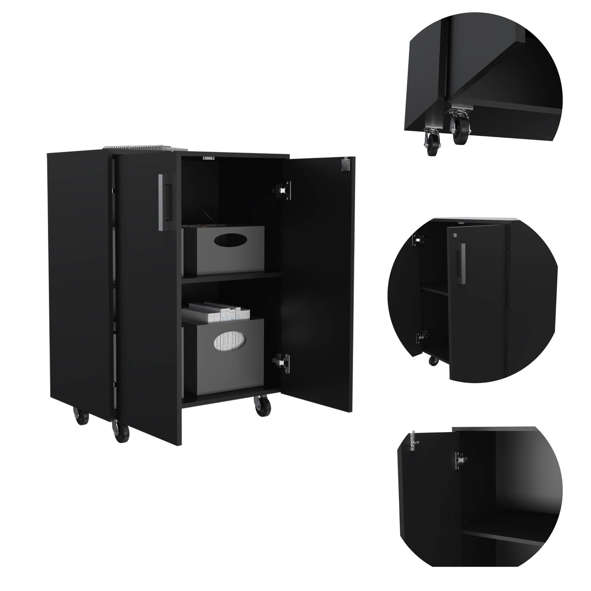 Multistorage Cabinet 35" H, Two Doors, Two Interior Shelves, Four Wheels, Black Black Particle Board Particle Board