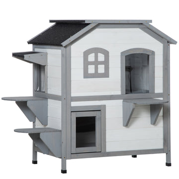 Pawhut 2 Story Cat House Outdoor, Weatherproof Wooden Cat Enclosure For Feral Cats With Escape Door, Openable Roof, Jumping Platforms, White White Wood