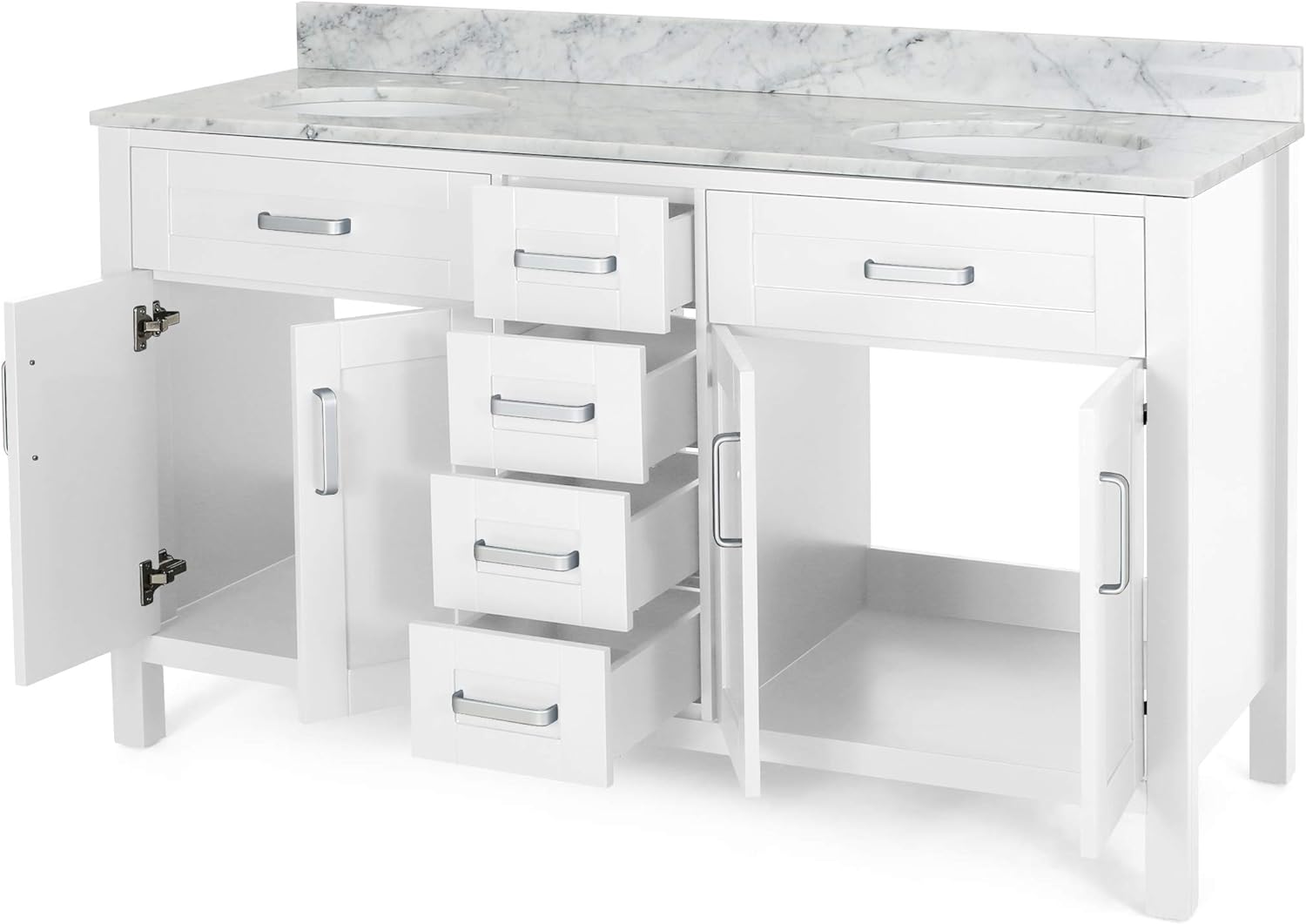 61'' Bathroom Vanity With Marble Top & Double Ceramic Sinks, 4 Drawers, 4 Doors, White White Plywood