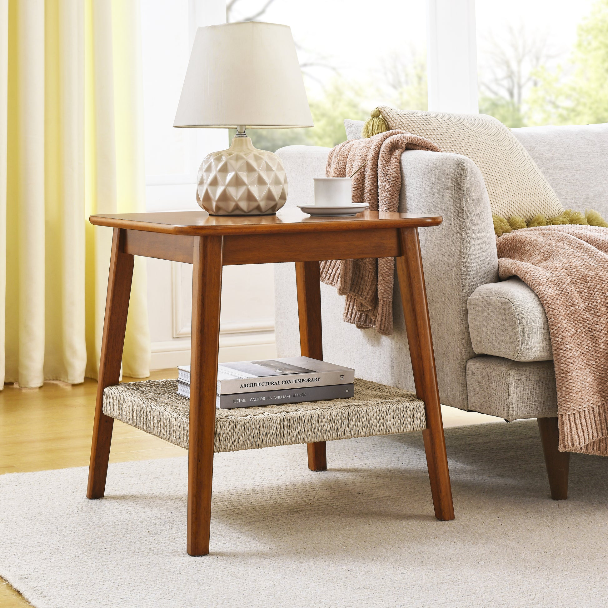 23" Mid Century Side Table With Woven Shelf, Boho Side Table With Storage, Bedside Tables, Small Side Table For Living Room Couch Bedroom Patio Home Office Walnut Solid Wood Mdf