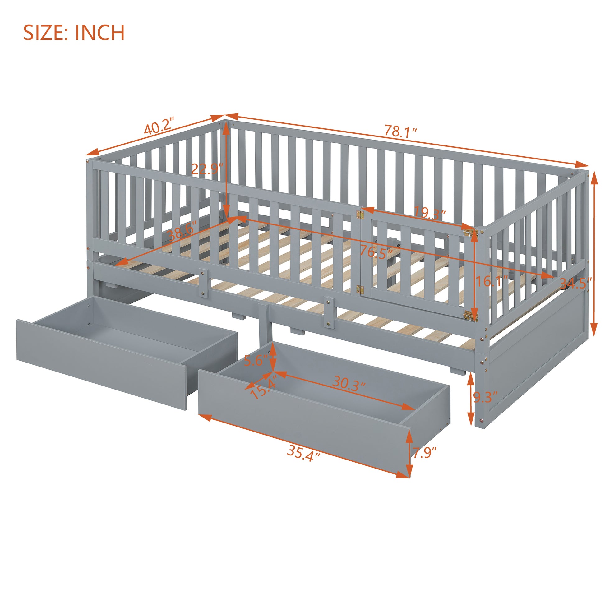 Twin Size Wood Daybed With Fence Guardrails And 2 Drawers, Split Into Independent Floor Bed & Daybed, Gray Old Sku :Lp000881Aae Twin Gray Solid Wood Mdf