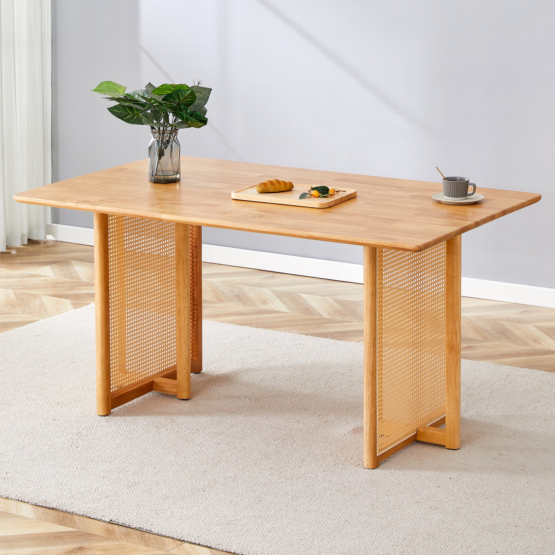 Chinese Country Retro Solid Wood Dining Table, Simple Modern Imitation Rattan Dining Table, Wooden Dining Table, Desk. Suitable For Dining Room, Living Room, Office Wood Rubber Wood