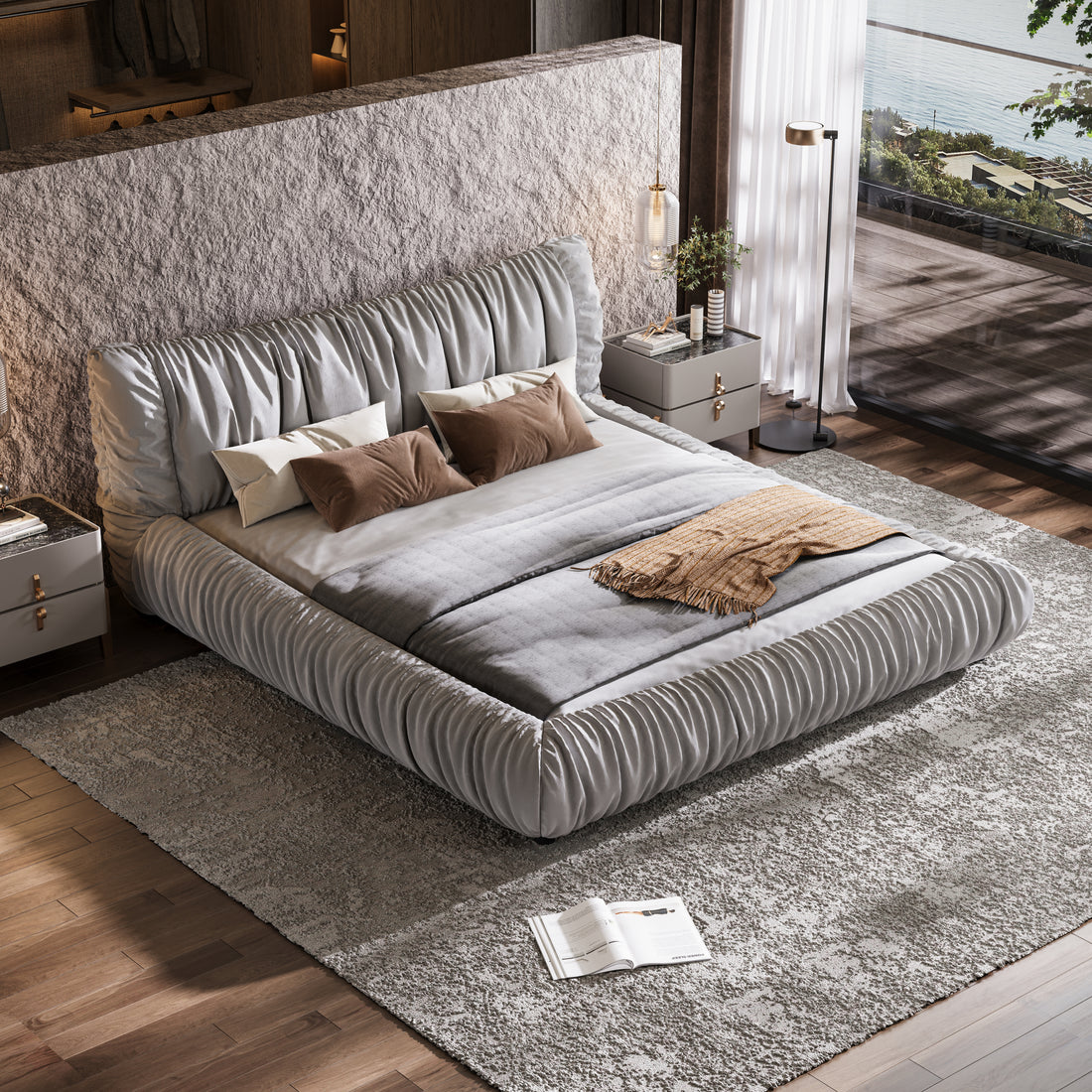 King Size Luxury Upholstered Platform Bed With Removable Cushion And Solid Wood Frame,Suitable For Multiple Heights Of Mattresses,Light Grey King Light Grey Upholstered