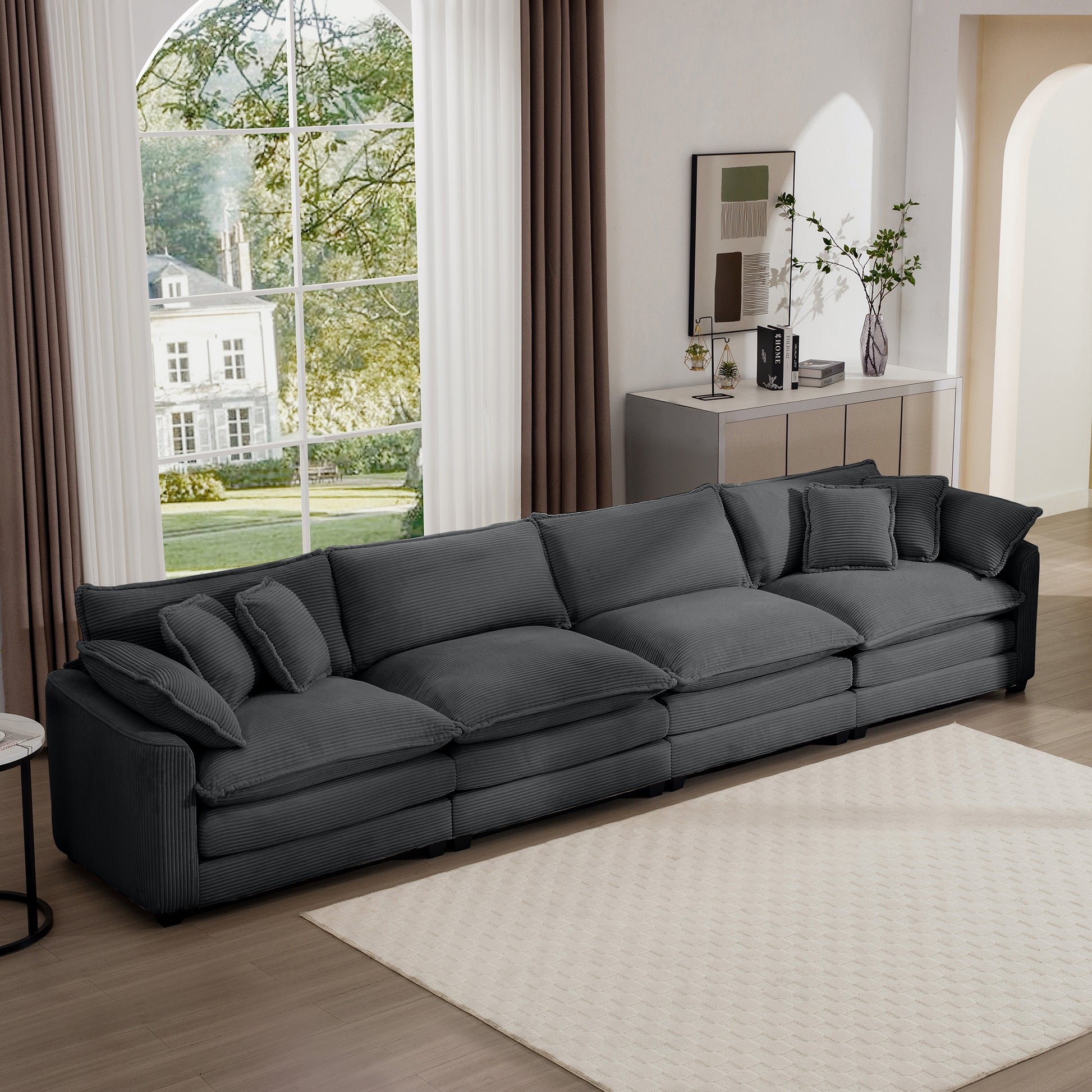 Corduroy Sofamodern Upholstered 4 Seater Corduroy Fabric Sofaoffice Living Room Apartment Comfortable Sofa, Easy To Assemble With 2 Arm Pillows And 4 Throw Pillows Grey Corduroy 4 Seat