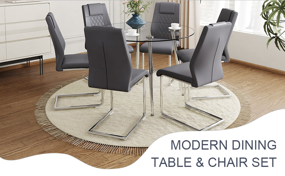 Table And Chair Set.A Modern Minimalist Round Dining Table With Transparent Tempered Glass Top And Silver Metal Legs,And 6 Chairs With Pu Backrest And Seat Cushion And Silver C Tube Metal Legs. Dark Gray,Transparent Seats 6 Glass Metal