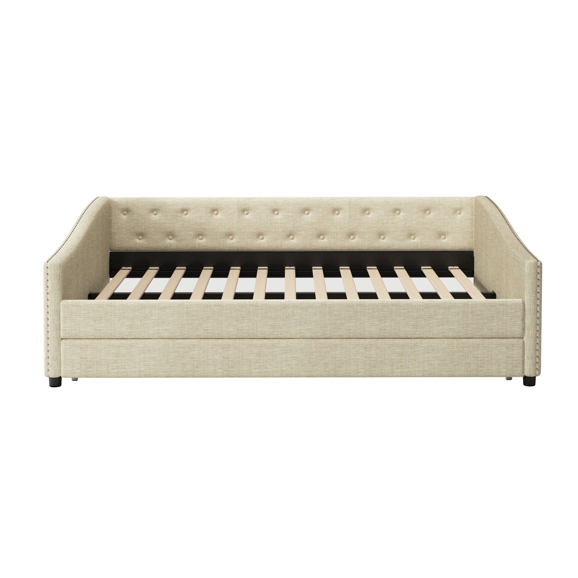 Full Size Daybed With Twin Size Trundle Upholstered Tufted Sofa Bed, With Button On Back And Copper Nail On Waved Shape Arms Beige Full Beige Wood Fabric