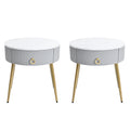 19.6'' Easy Assembly End Tables With High Gloss Faux Marble Tabletops, Set Of 2, Modern Fluted 2 Side Tables With Drawers, Round Coffee Tables With Golden Legs For Living Room, Grey Grey Gold Primary Living Space Drawers Round Mdf Iron