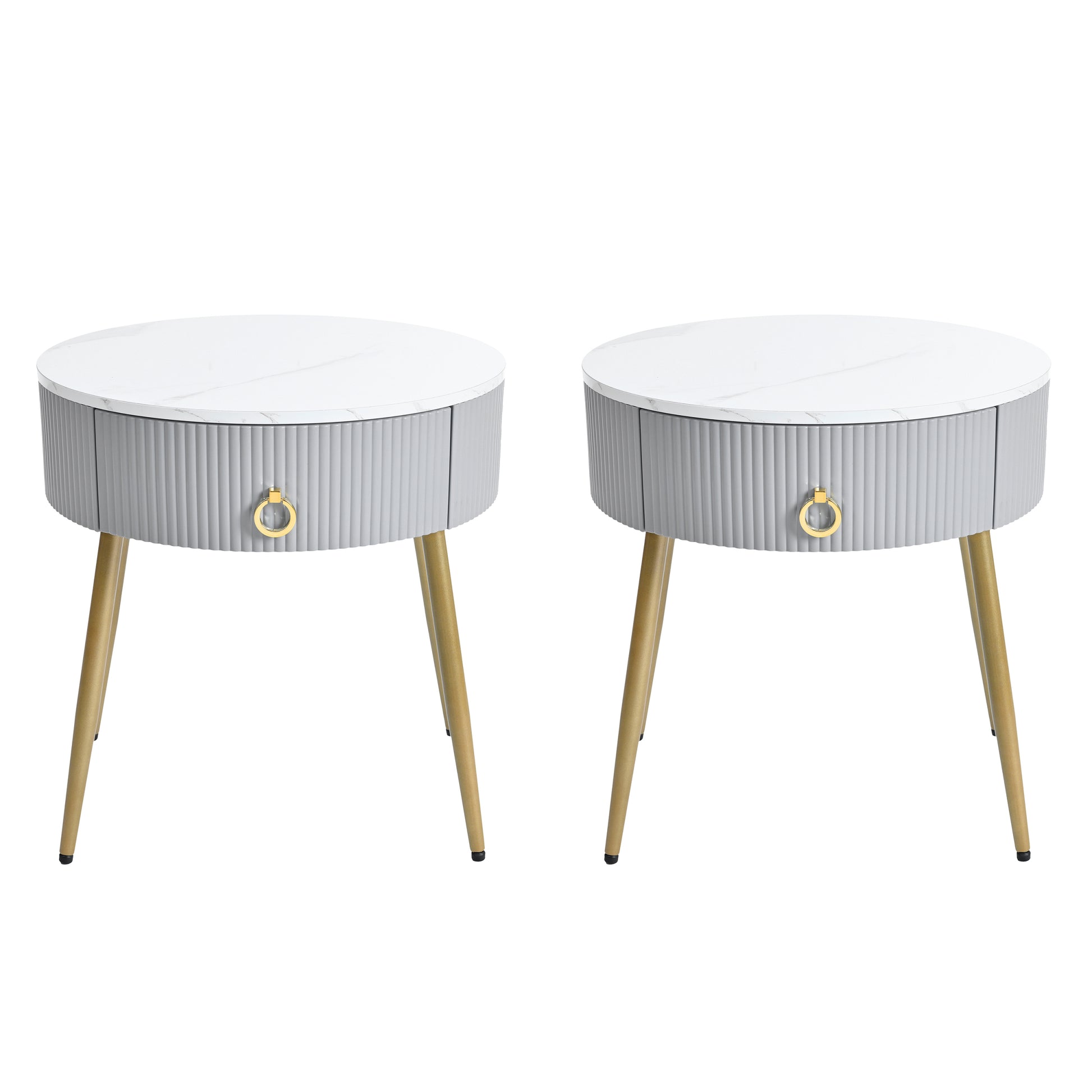 19.6'' Easy Assembly End Tables With High Gloss Faux Marble Tabletops, Set Of 2, Modern Fluted 2 Side Tables With Drawers, Round Coffee Tables With Golden Legs For Living Room, Grey Grey Gold Primary Living Space Drawers Round Mdf Iron
