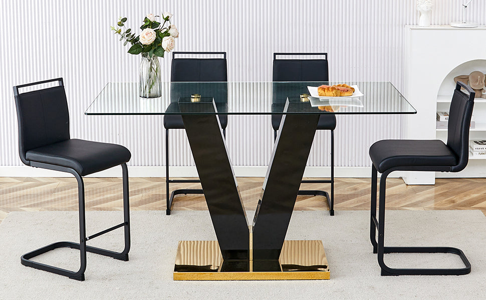 Table And Chair Set. A Rectangular Glass Dining Table With A 0.4 Inch Tempered Glass Tabletop And Mdf Board V Shaped Bracket, Paired With Chairs Consisting Of Pu Seat Cushions And Black Metal Legs. Black Seats 4 Tempered Glass