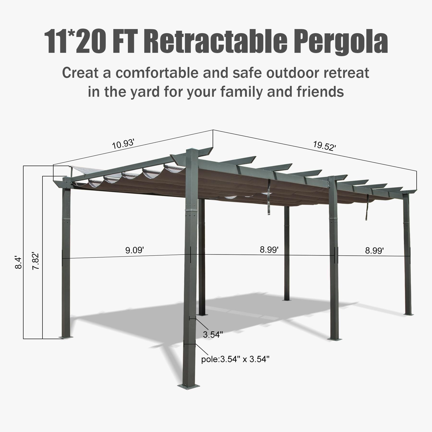 11 X 20 Ft Outdoor Living Outdoor Retractable Pergola With Weather Resistant Canopy Aluminum Garden Pergola Patio Grill Gazebo For Courtyard Dark Gray Dark Gray Rectangular Manual Uv Resistant Aluminum
