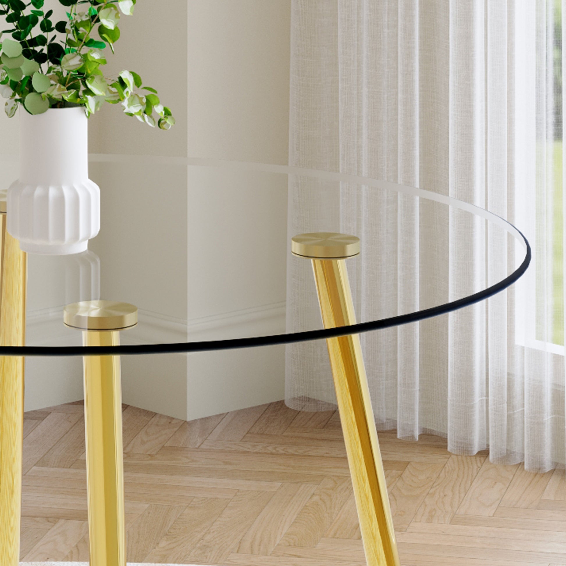 A Modern Minimalist Style Round Transparent Tempered Glass Table With Gold Metal Legs, Paired With 4 Modern Pu Leather High Back Dining Chairs,Bring A Luxurious Experience. Dark Gray Seats 4 Glass Metal