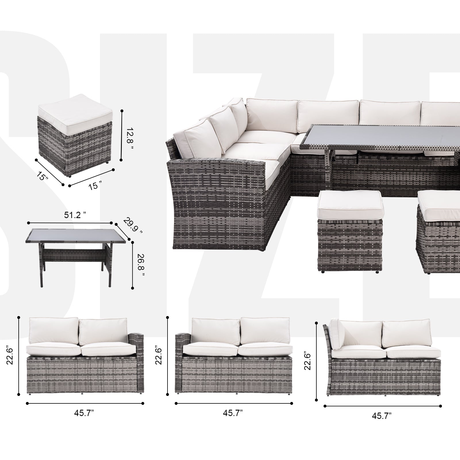 Outdoor Patio Furniture Set,7 Pieces Outdoor Sectional Conversation Sofa With Dining Table,Chairs And Ottomans,All Weather Pe Rattan And Steel Frame,With Backrest And Removable Cushions Grey Beige Yes White Weather Resistant Frame Garden & Outdoor Pe