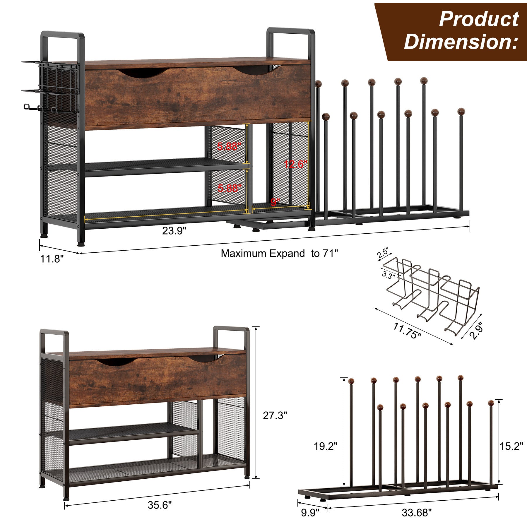 Lift Top Shoe Bench Organizer With Storage Compartment Entryway Tall Boot Rack Umbrella Holder, Wooden Shoe Rack For Front Door, Bedroom, Closet, Black Archaize Antique Brown Metal & Wood