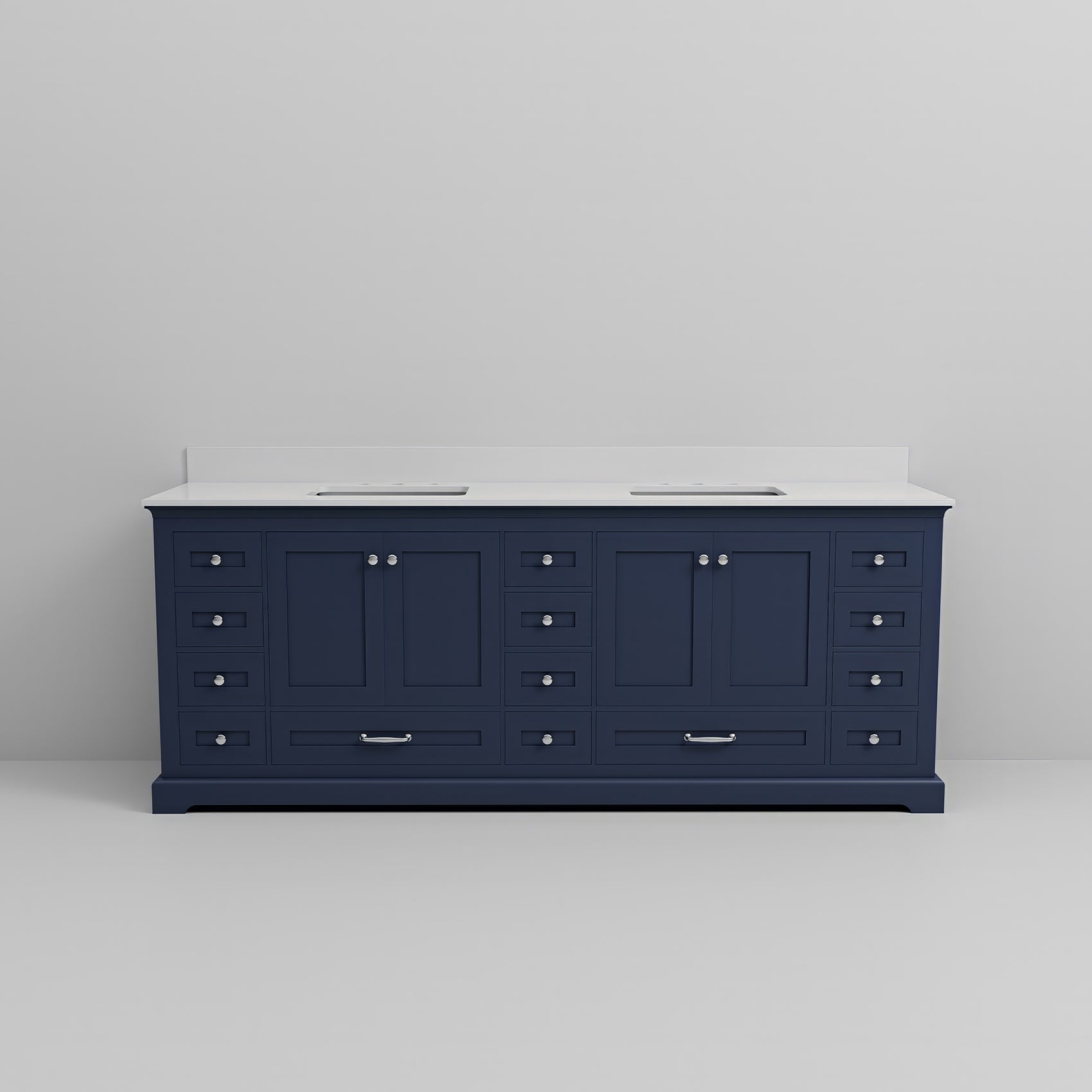 Navy Blue Double Bath Vanity 84 In. W X 22 In. D, With White Quartz Top Navy Blue Plywood Wood