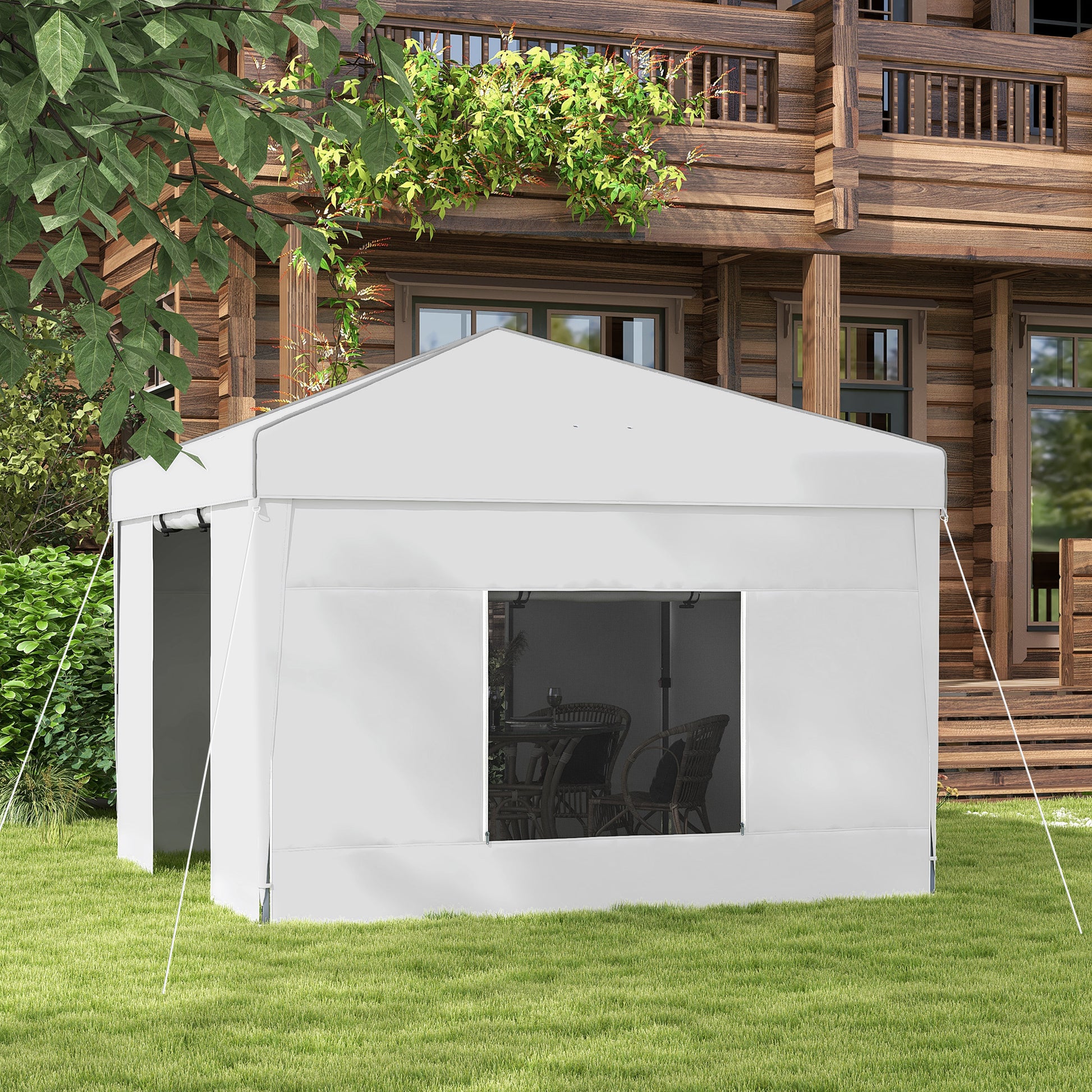 Outsunny 9.7' X 9.7' Pop Up Canopy With Sidewalls, Portable Canopy Tent With 2 Mesh Windows, Reflective Strips, Carry Bag For Events, Outdoor Party, Vendor Canopy, White White Steel