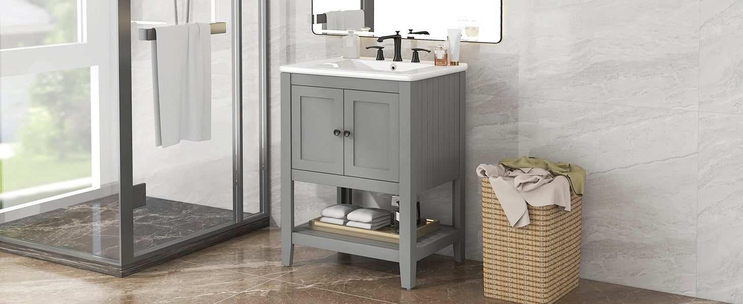 Video 24" Grey Modern Sleek Bathroom Vanity Elegant Ceramic Sink With Solid Wood Frame Open Style Shelf Grey Solid Wood