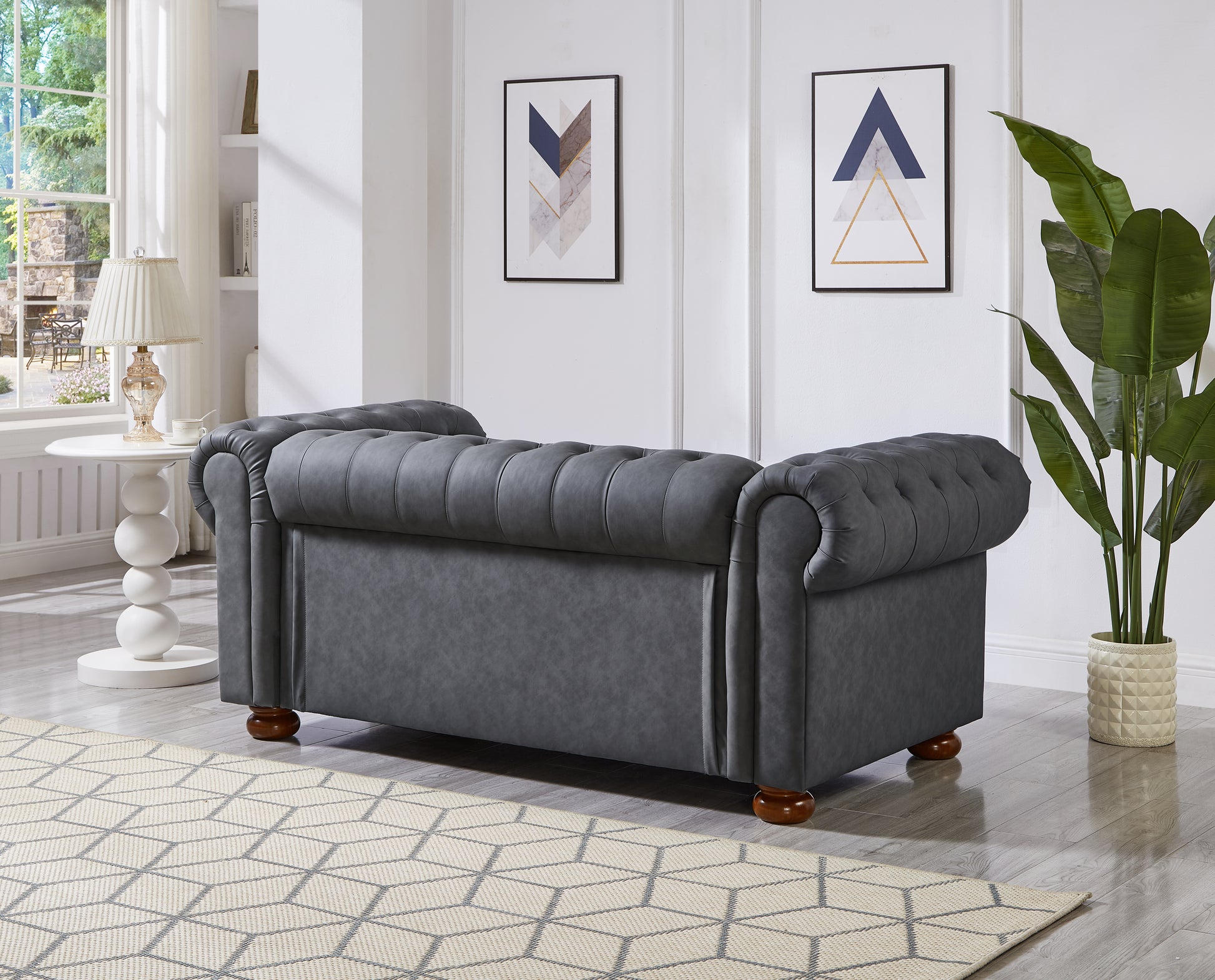 Classic Chesterfield Sofa Loveseat For Living Room Grey Faux Leather Grey Foam Technical Leather 2 Seat