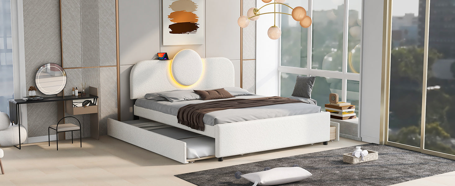 Queen Size Upholstered Platform Bed With Multi Functional Headboard, Trundle And 2 Drawers, White Box Spring Not Required Queen White Wood Bedroom Upholstered