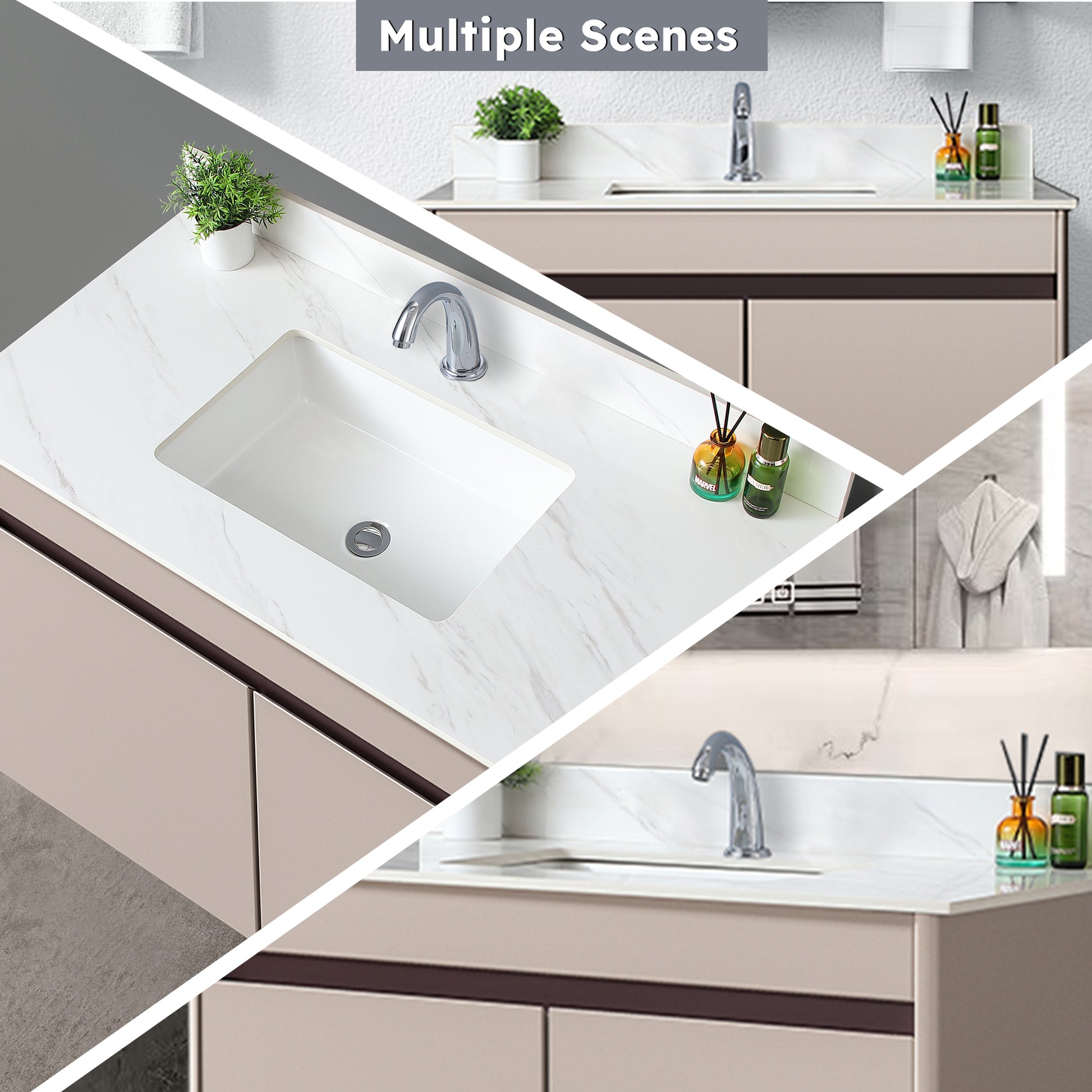 43 Inch Marble Vanity Top, White Vanity Top With Pre Drilled Faucet Holes, Bathroom Vanity Top With Undermount Rectangular Middle Sink And 4" Height Backsplash, Bianco Carrara Venato White Bathroom Sintered Stone