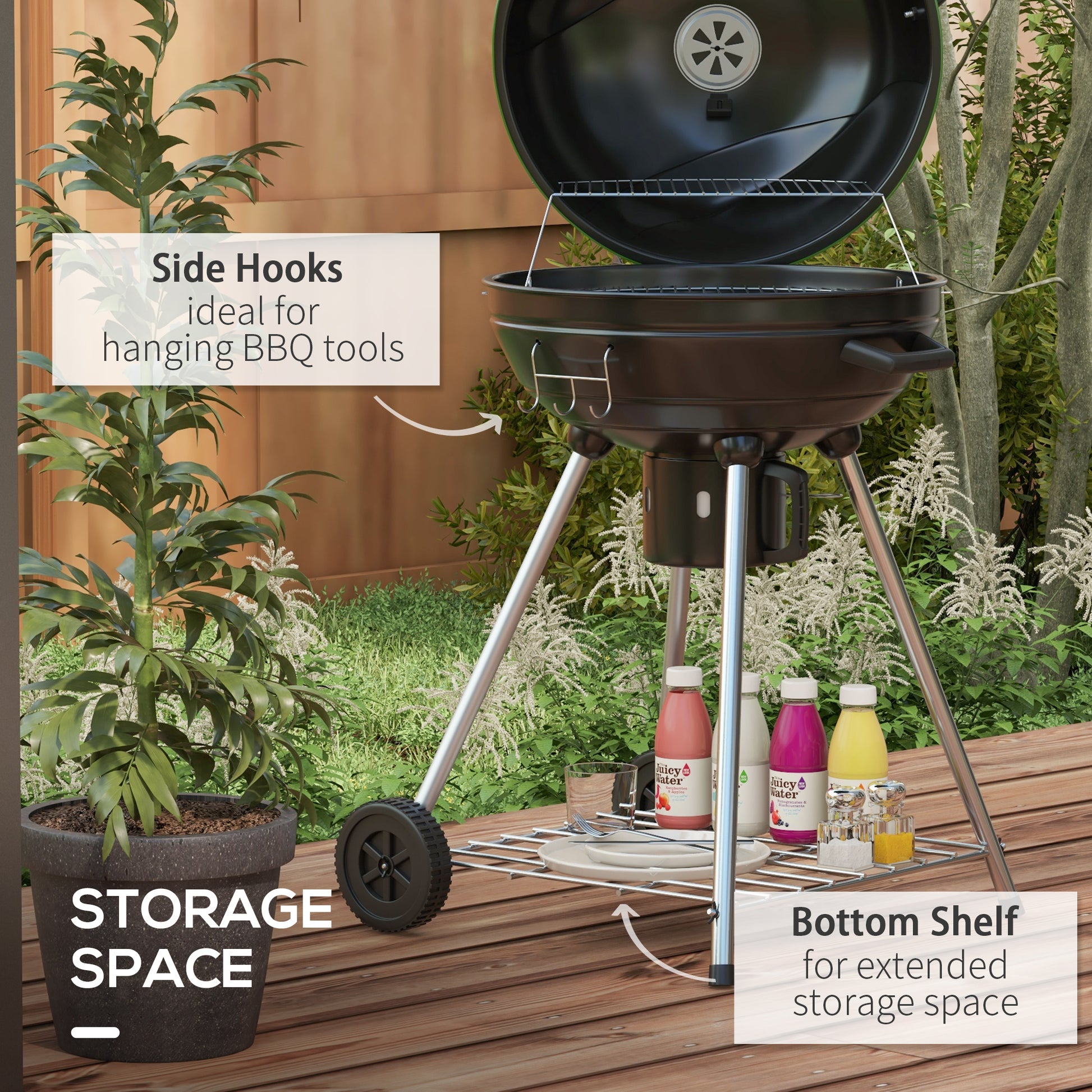 Outsunny 21" Kettle Charcoal Bbq Grill Trolley With 360 Sq.In. Cooking Area, Outdoor Barbecue With Shelf, Wheels, Ash Catcher And Built In Thermometer For Patio, Backyard Party, Green Green Steel