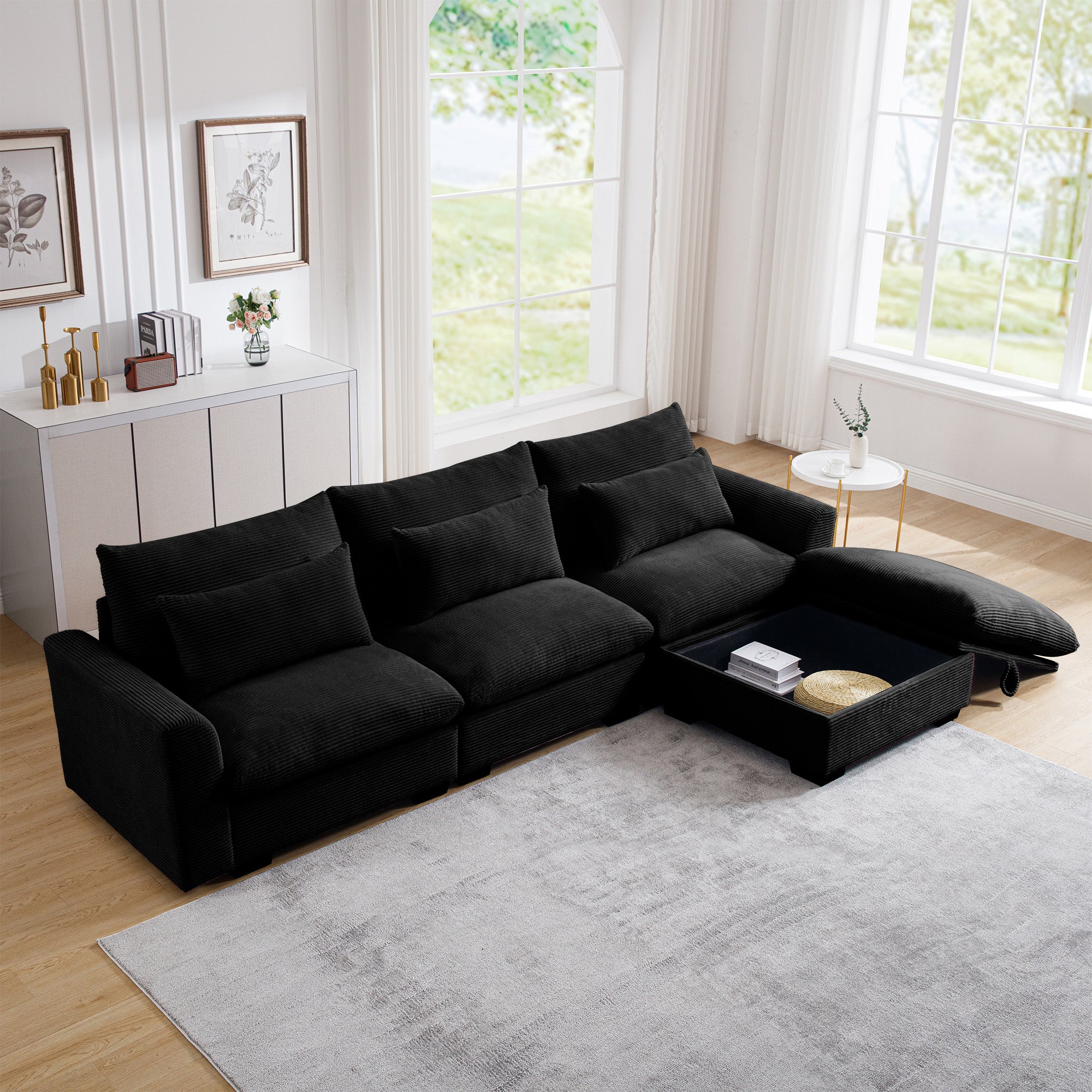 Corduroy Sectional Sofa, L Shaped Couch With Storage Footstool And 3 Pillow, Sectional Couch For Living Room Apartment, Black Black Corduroy 3 Seat