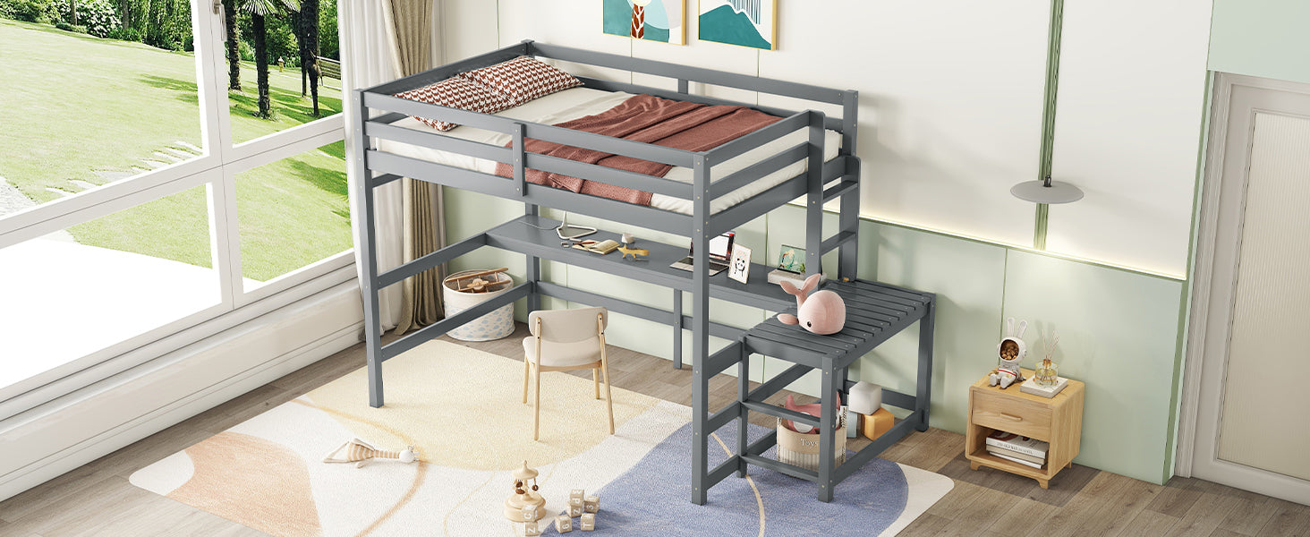 Full Loft Bed With Built In Desk, Ladder Platform, Ladders, Guardrails,Grey Full Grey Bedroom American Design Pine