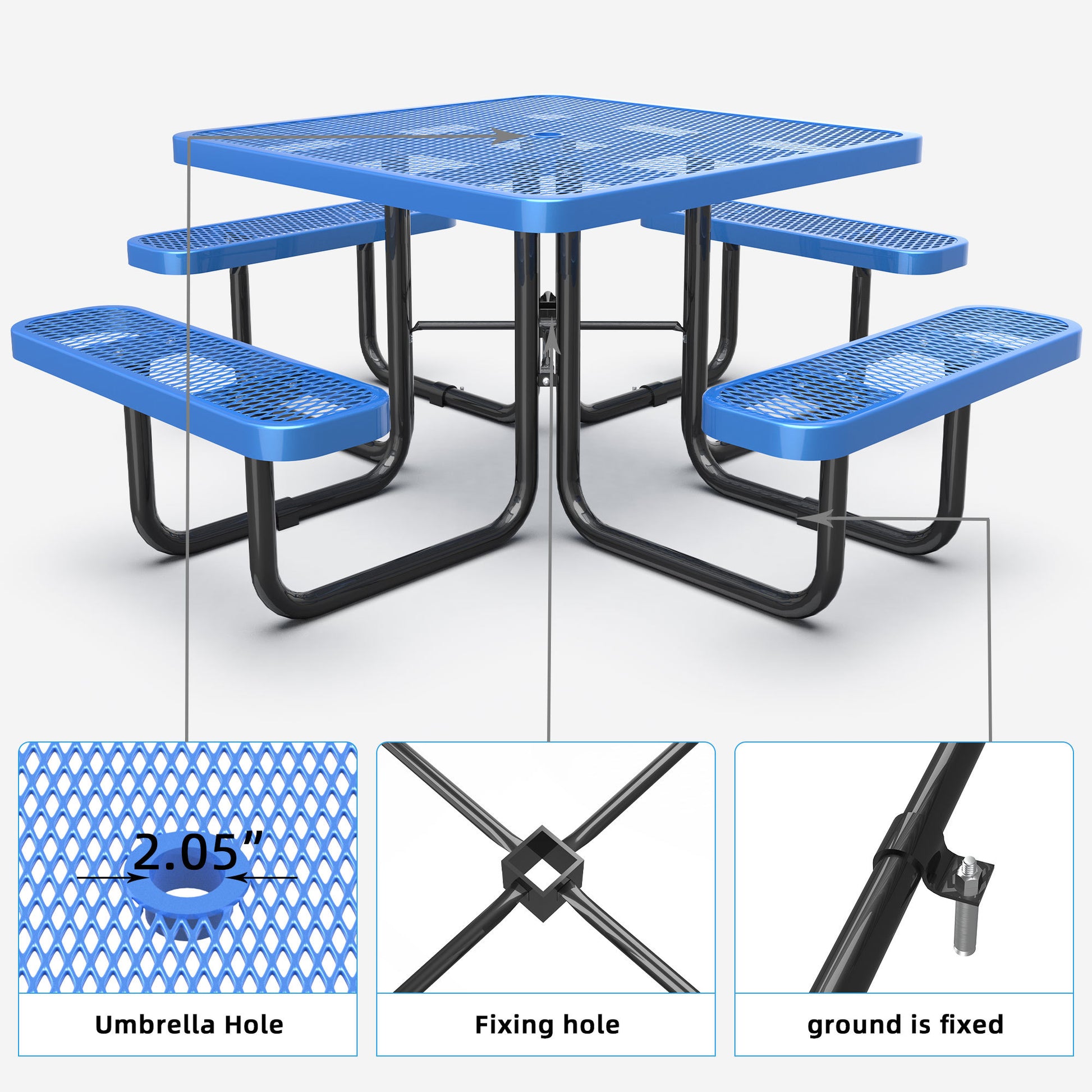 Square Outdoor Steel Picnic Table 46" Blue ,With Umbrella Pole,Blue Blue Steel Steel