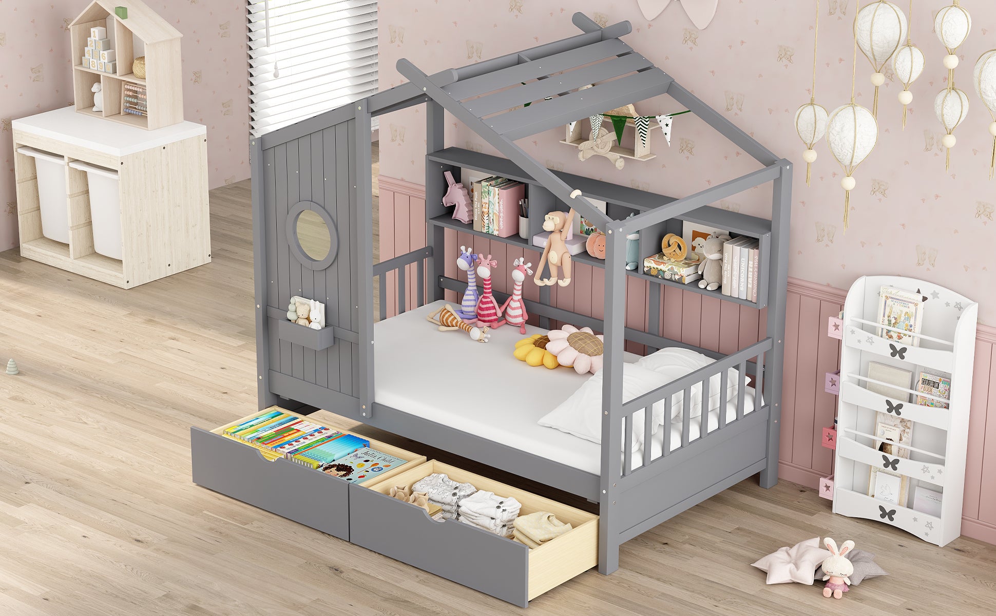 Wooden Twin Size House Bed With 2 Drawers,Kids Bed With Storage Shelf, Gray Twin Gray Solid Wood