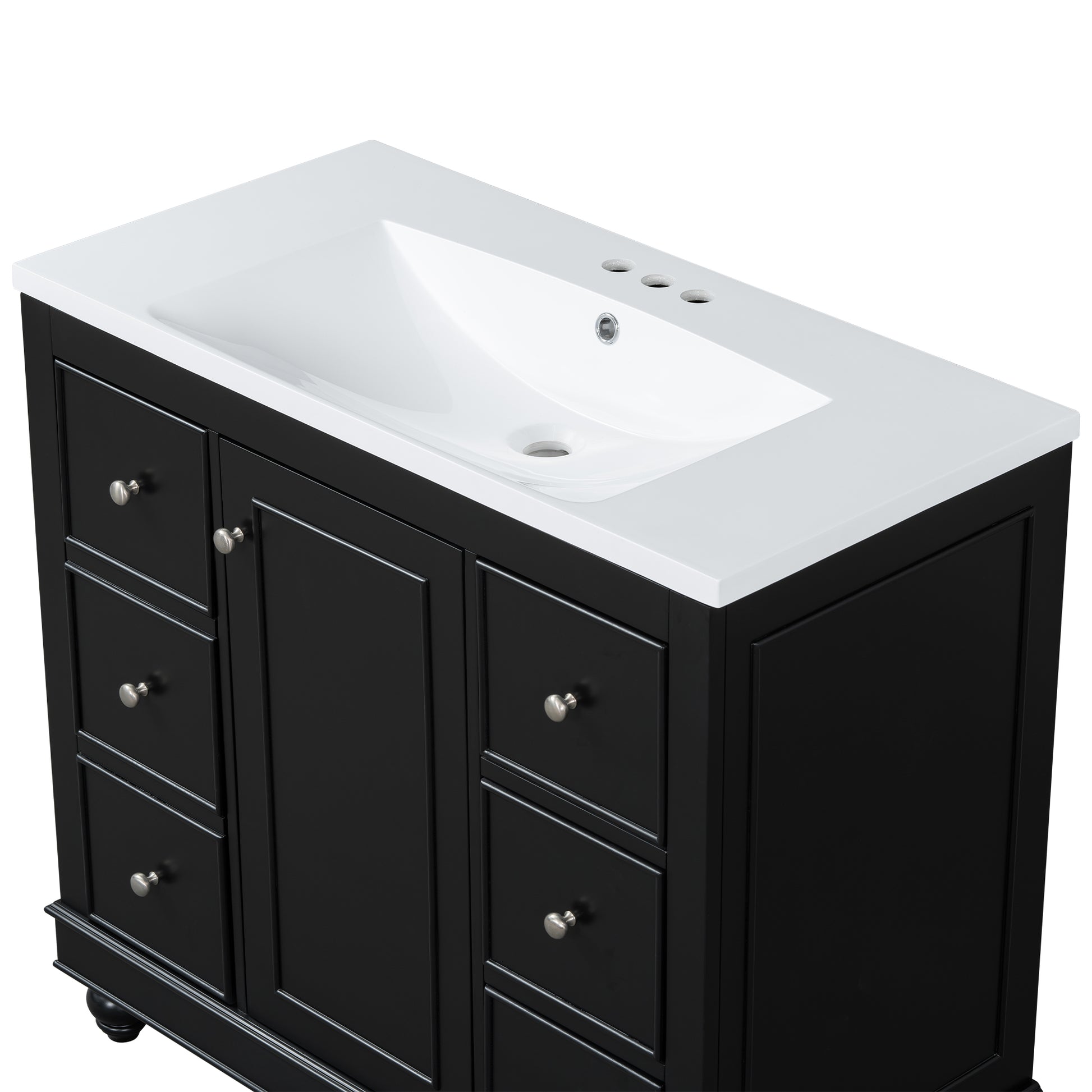 Contemporary Black Bathroom Vanity Cabinet 36X18X34 Inches, 4 Drawers & 1 Cabinet Door, Multipurpose Storage, Resin Integrated Sink, Adjustable Shelves, Solid Wood Frame With Mdf Black Bathroom