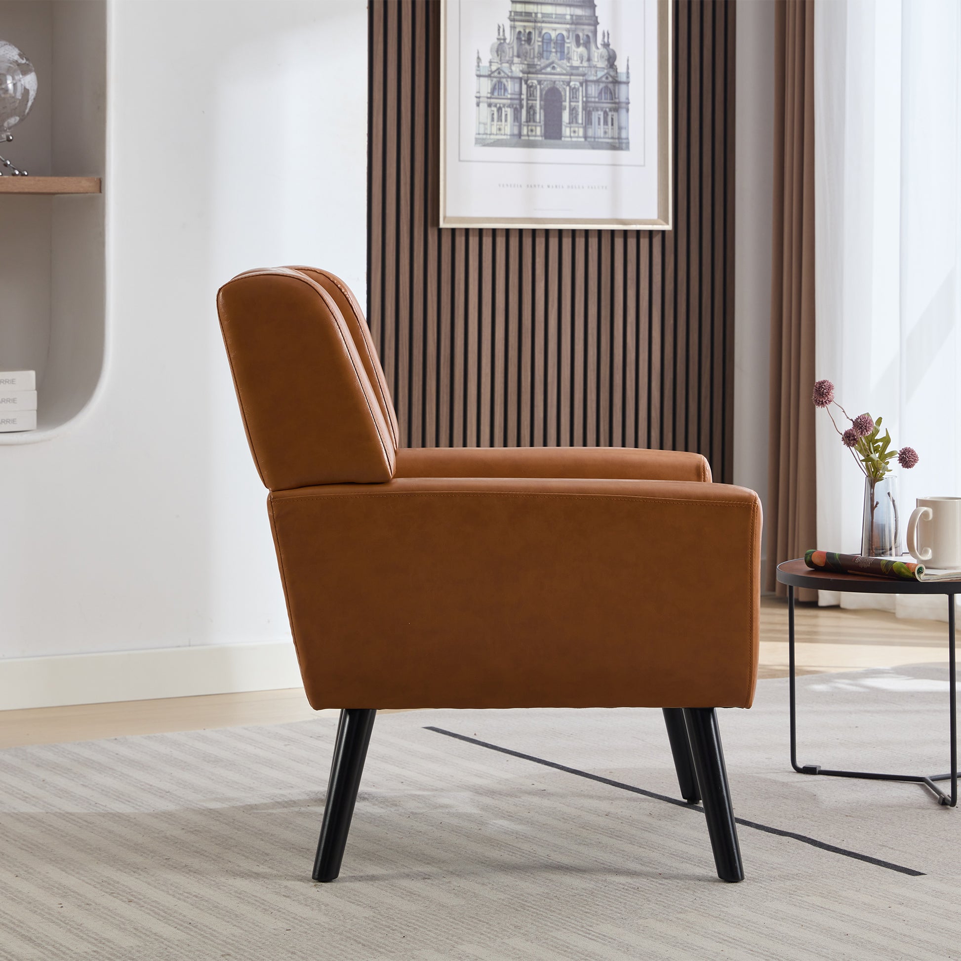 Modern Soft Leather Material Ergonomics Accent Chair Living Room Chair Bedroom Chair Home Chair With Black Legs For Indoor Home Light Brown Pu Light Brown Foam Upholstered