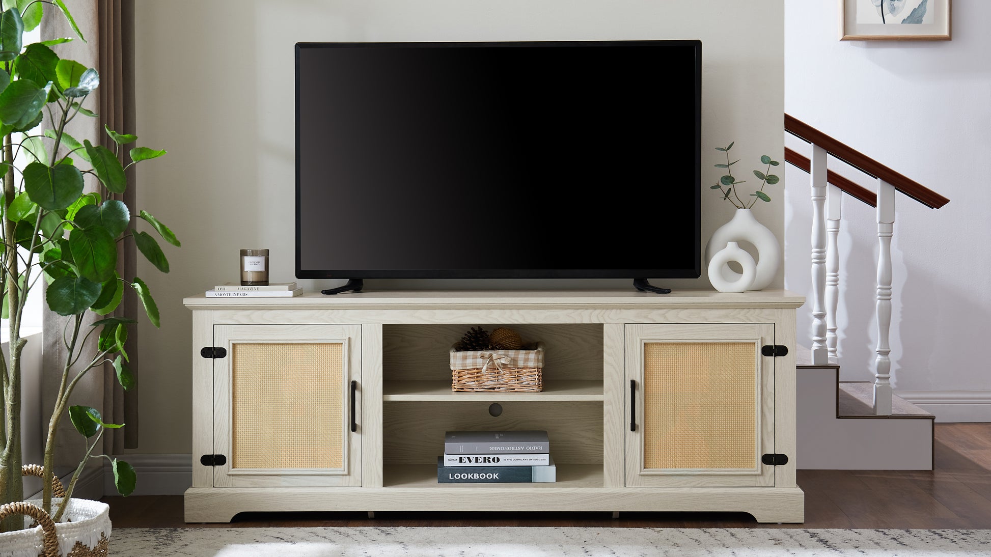 Farmhouse Rattan Tv Stand Console Table For Tvs Up To 70 Inches, Tv Console Table With 2 Storage Shelves, 2 Natural Rattan Door Cabinets,65"W*15.55"D*23.86"H, White Antique White 70 79 Inches Mdf