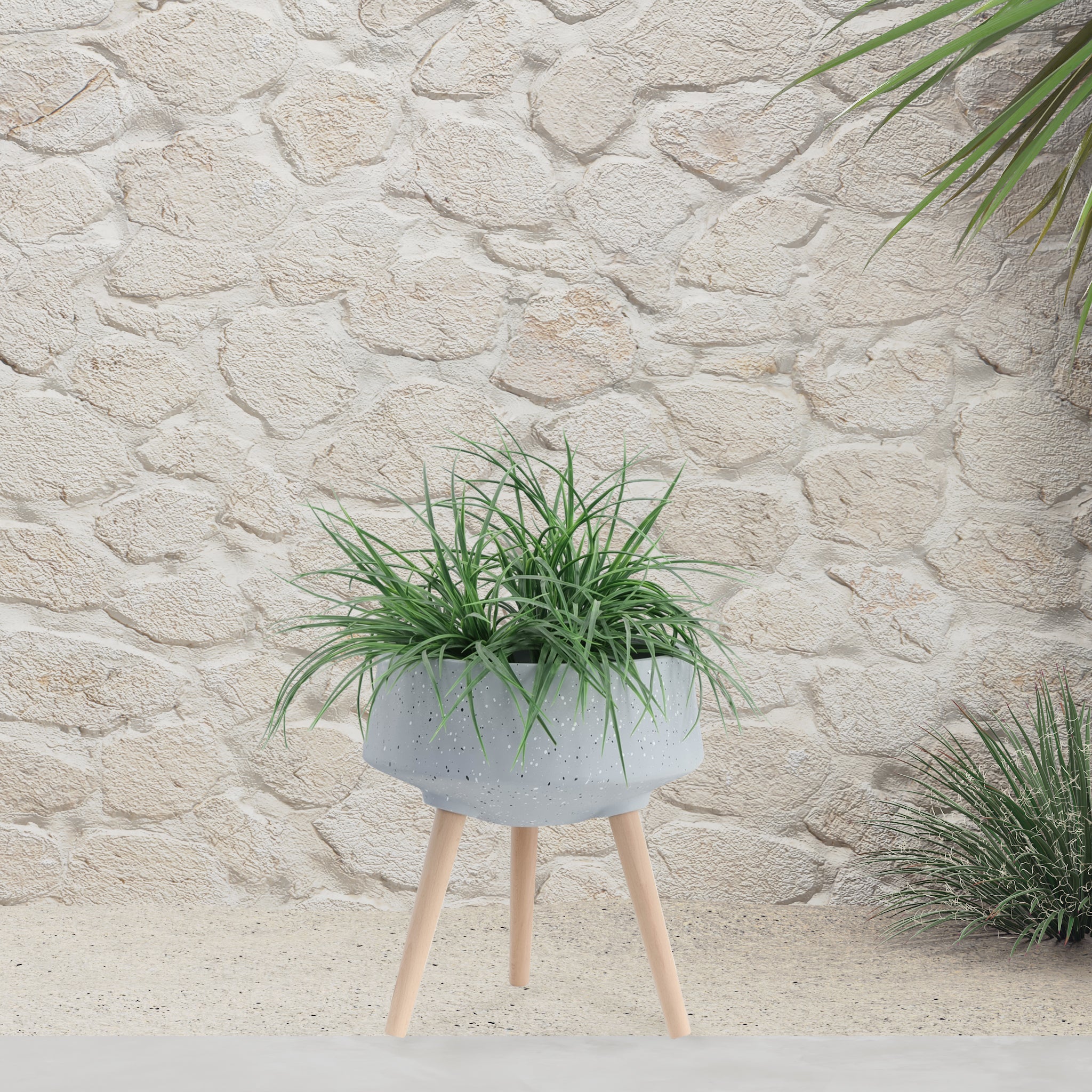 S 2 11 15" Terrazzo Planter W Wood Legs, Gray Gray Polyresin