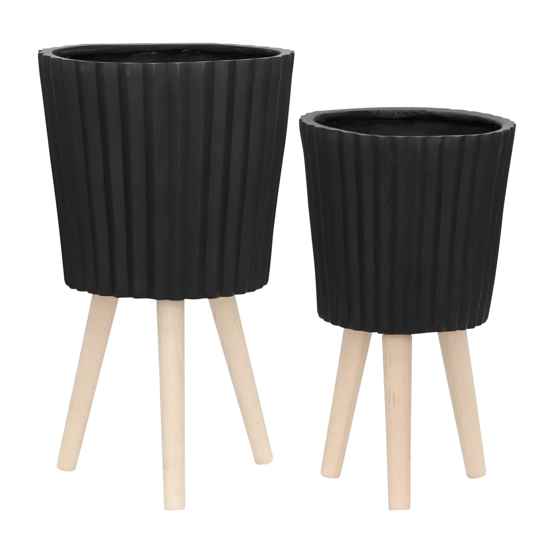 S 2 10 12" Ridged Planter W Wood Legs, Black Kd Black Polyresin