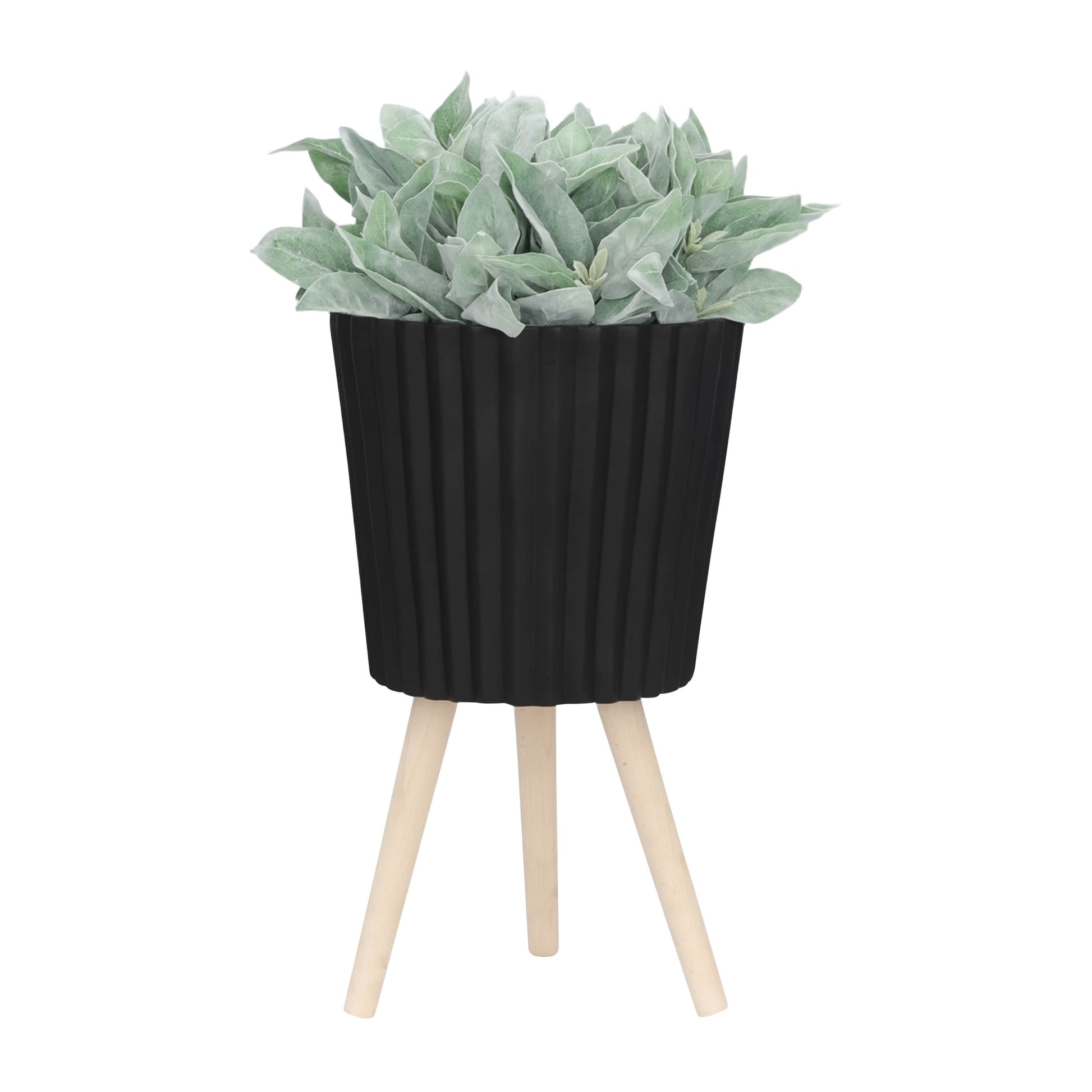 S 2 10 12" Ridged Planter W Wood Legs, Black Kd Black Polyresin