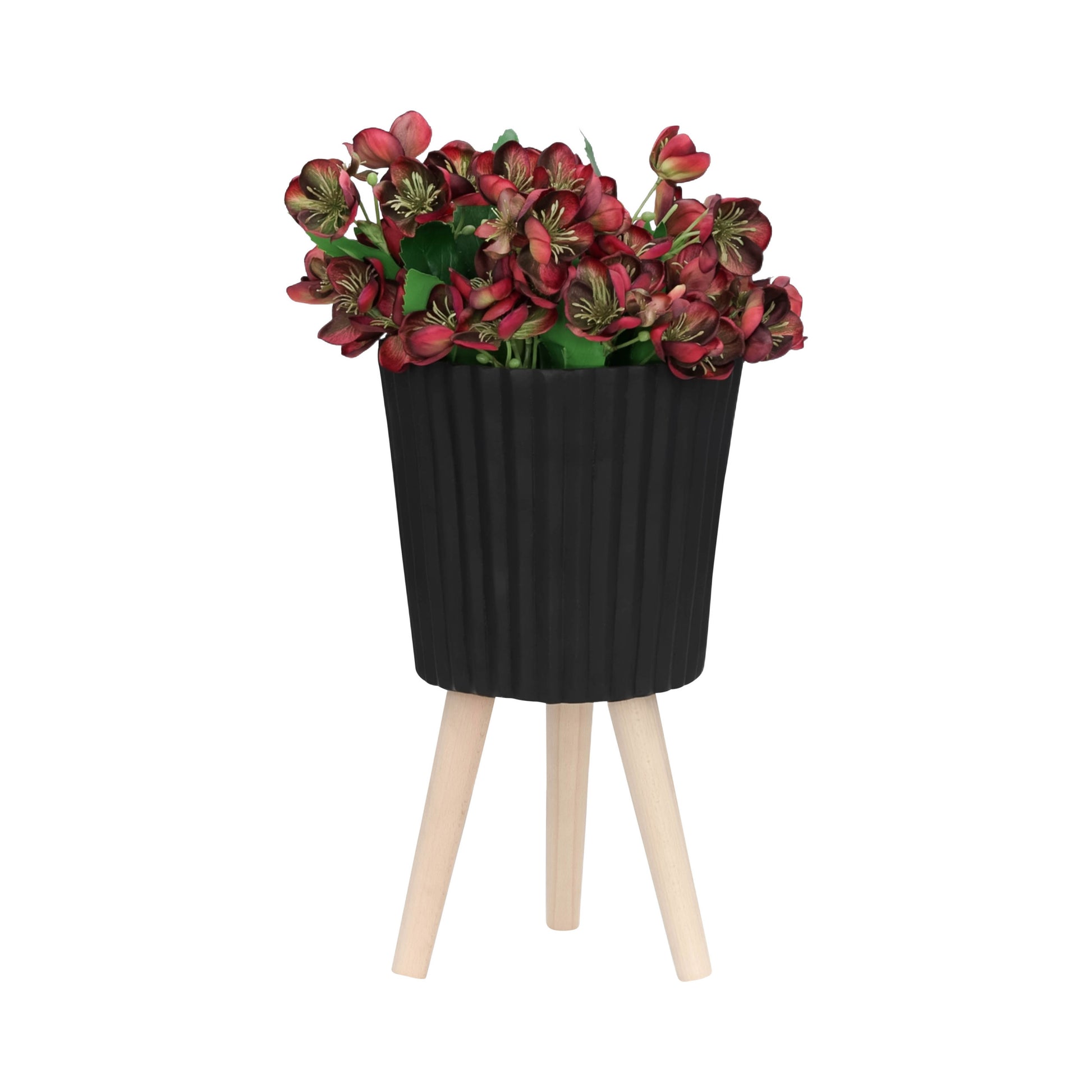 S 2 10 12" Ridged Planter W Wood Legs, Black Kd Black Polyresin