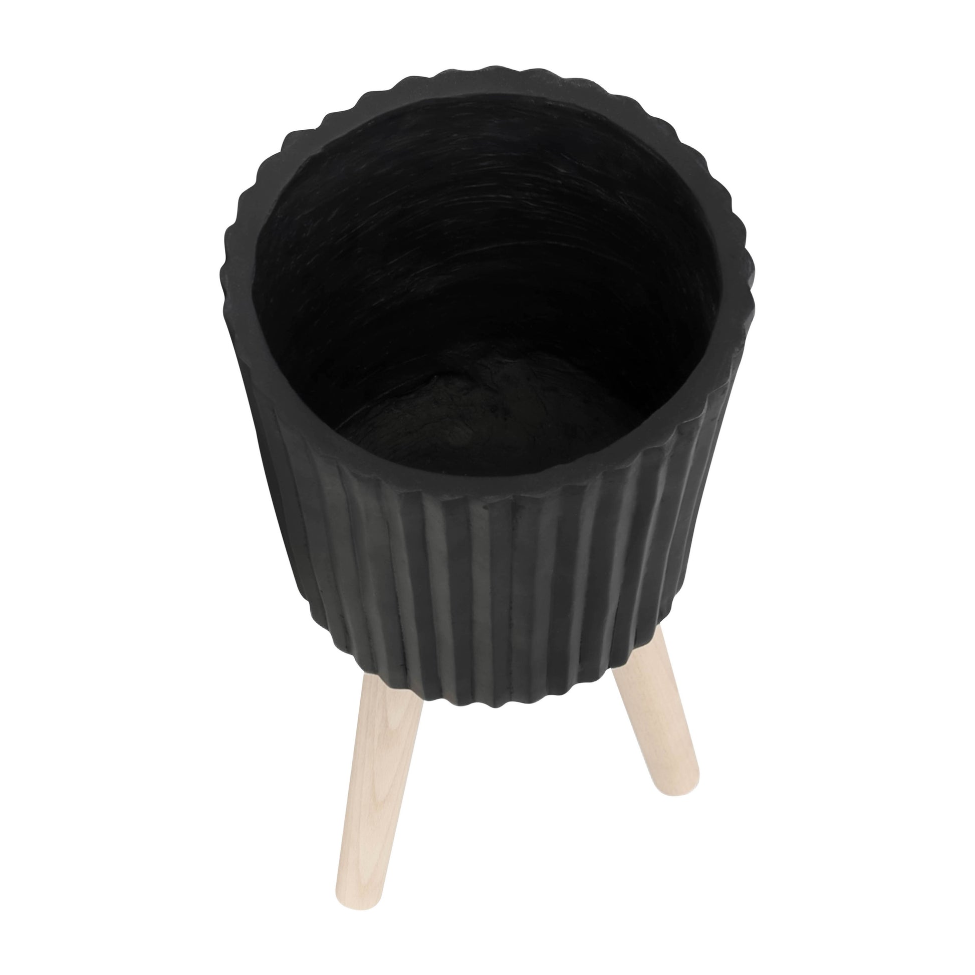 S 2 10 12" Ridged Planter W Wood Legs, Black Kd Black Polyresin