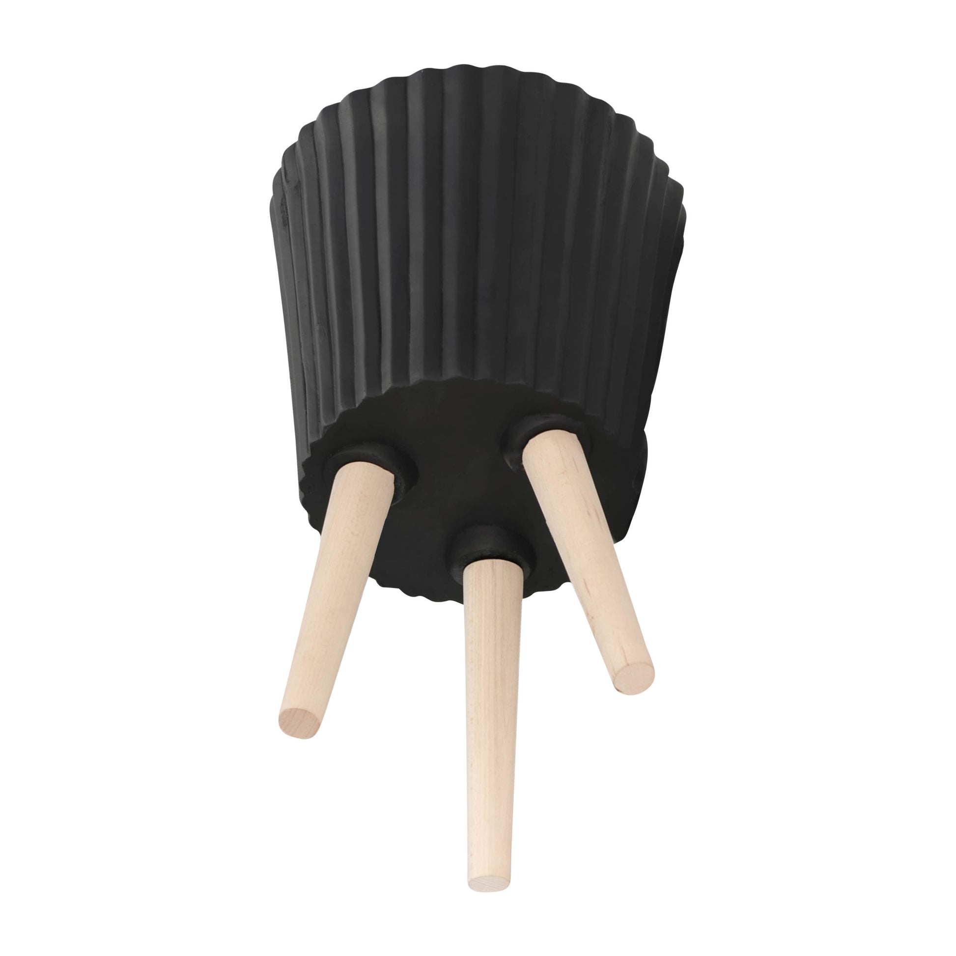 S 2 10 12" Ridged Planter W Wood Legs, Black Kd Black Polyresin