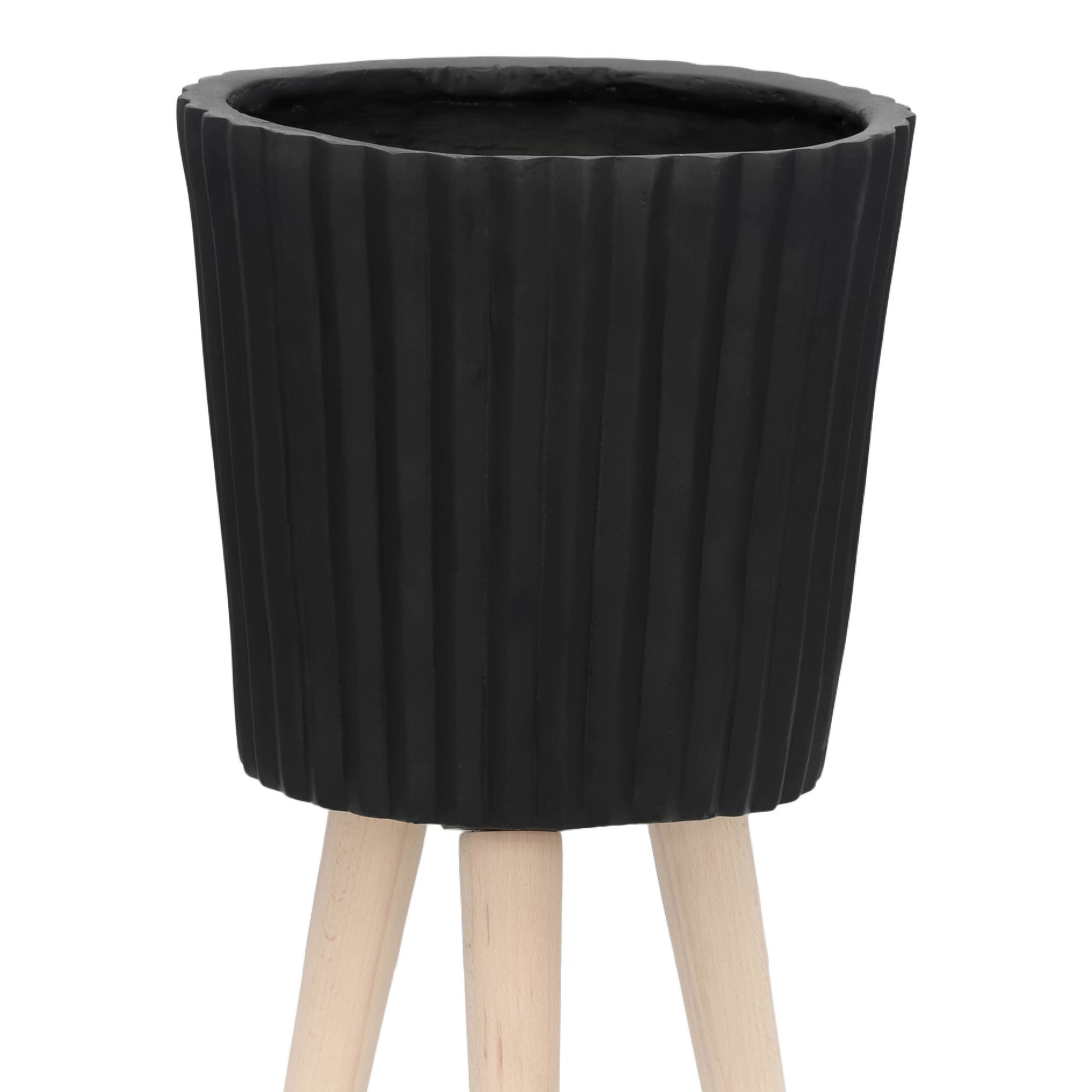 S 2 10 12" Ridged Planter W Wood Legs, Black Kd Black Polyresin