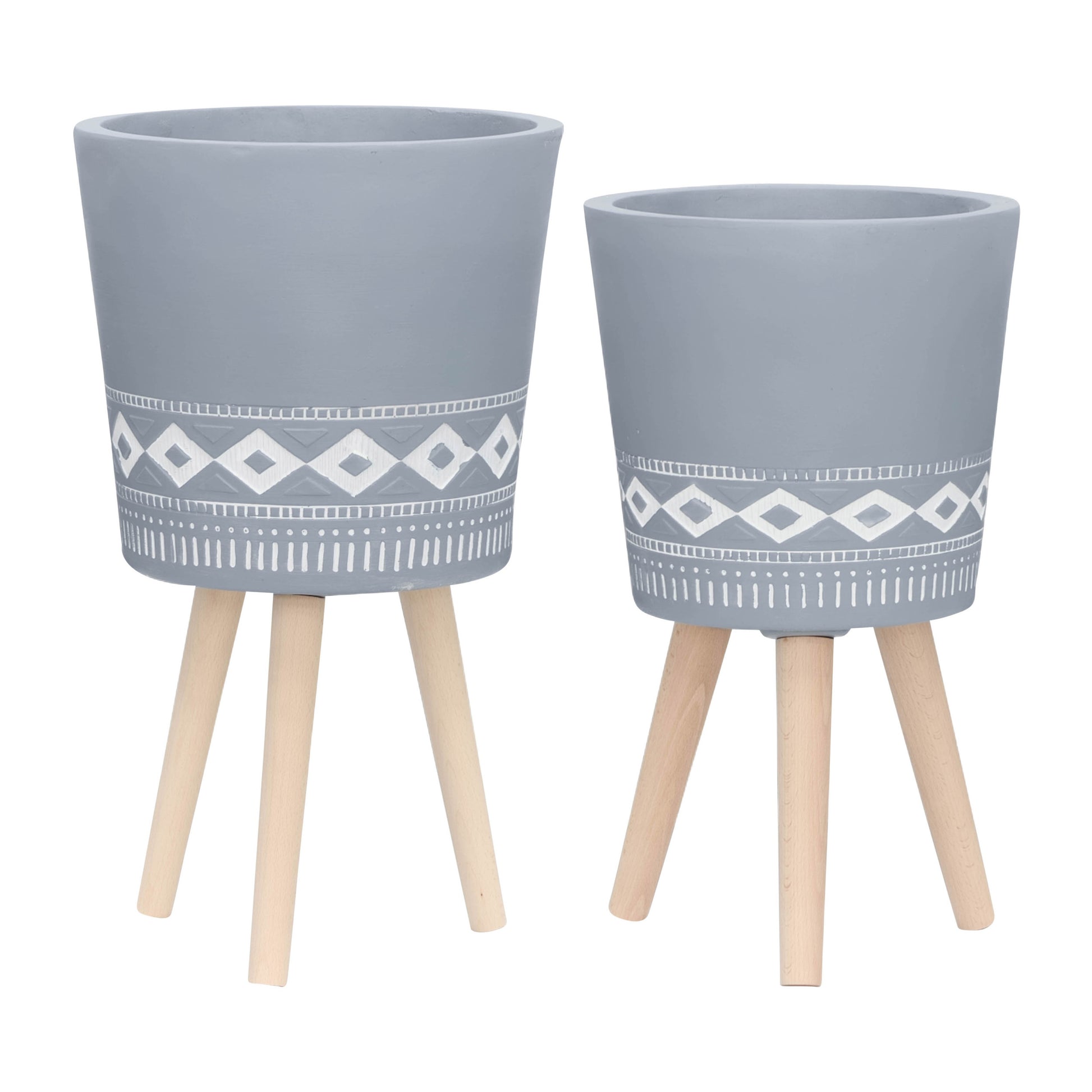 S 2 10 12" Diamond Planter W Wood Legs, Gray Kd Gray Polyresin