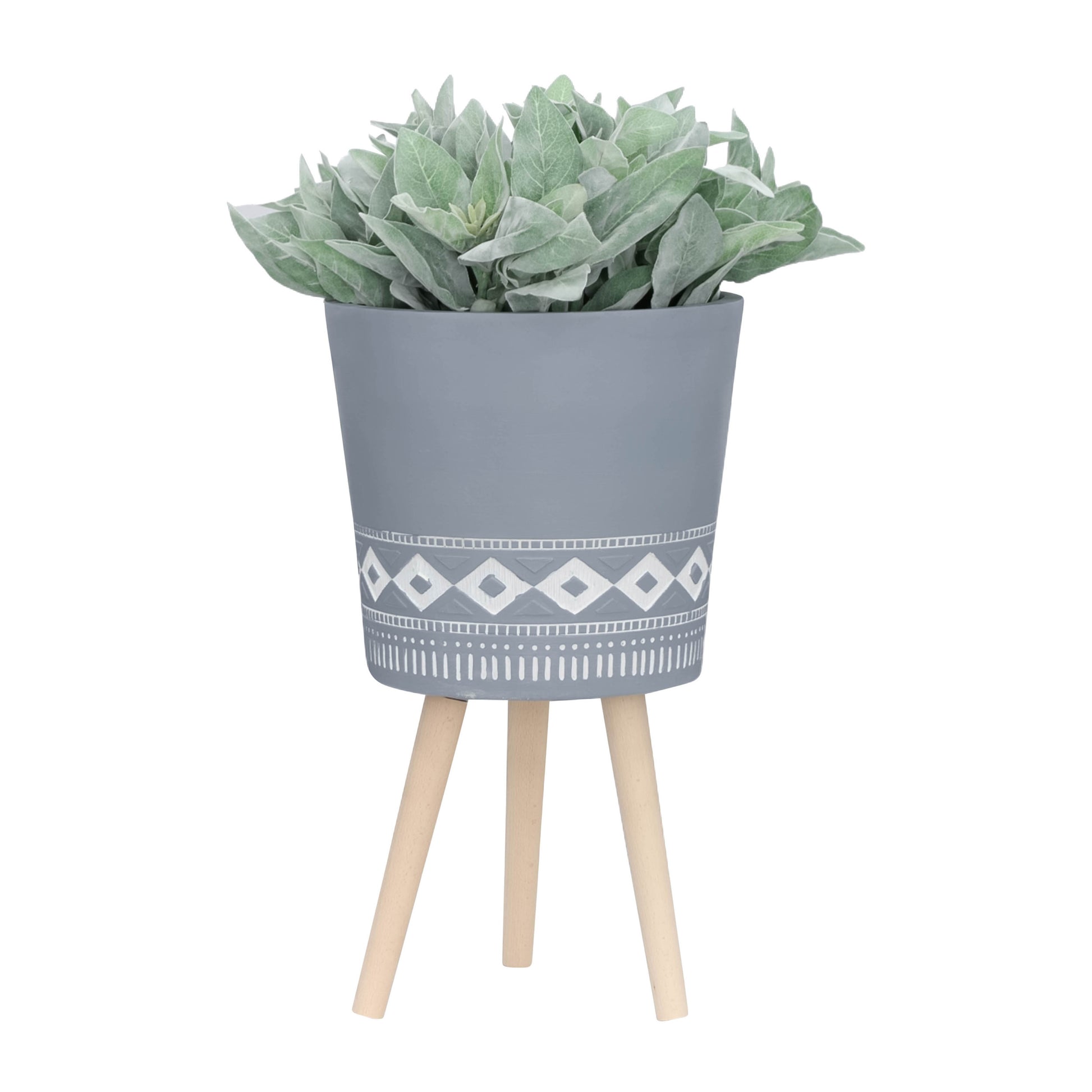 S 2 10 12" Diamond Planter W Wood Legs, Gray Kd Gray Polyresin