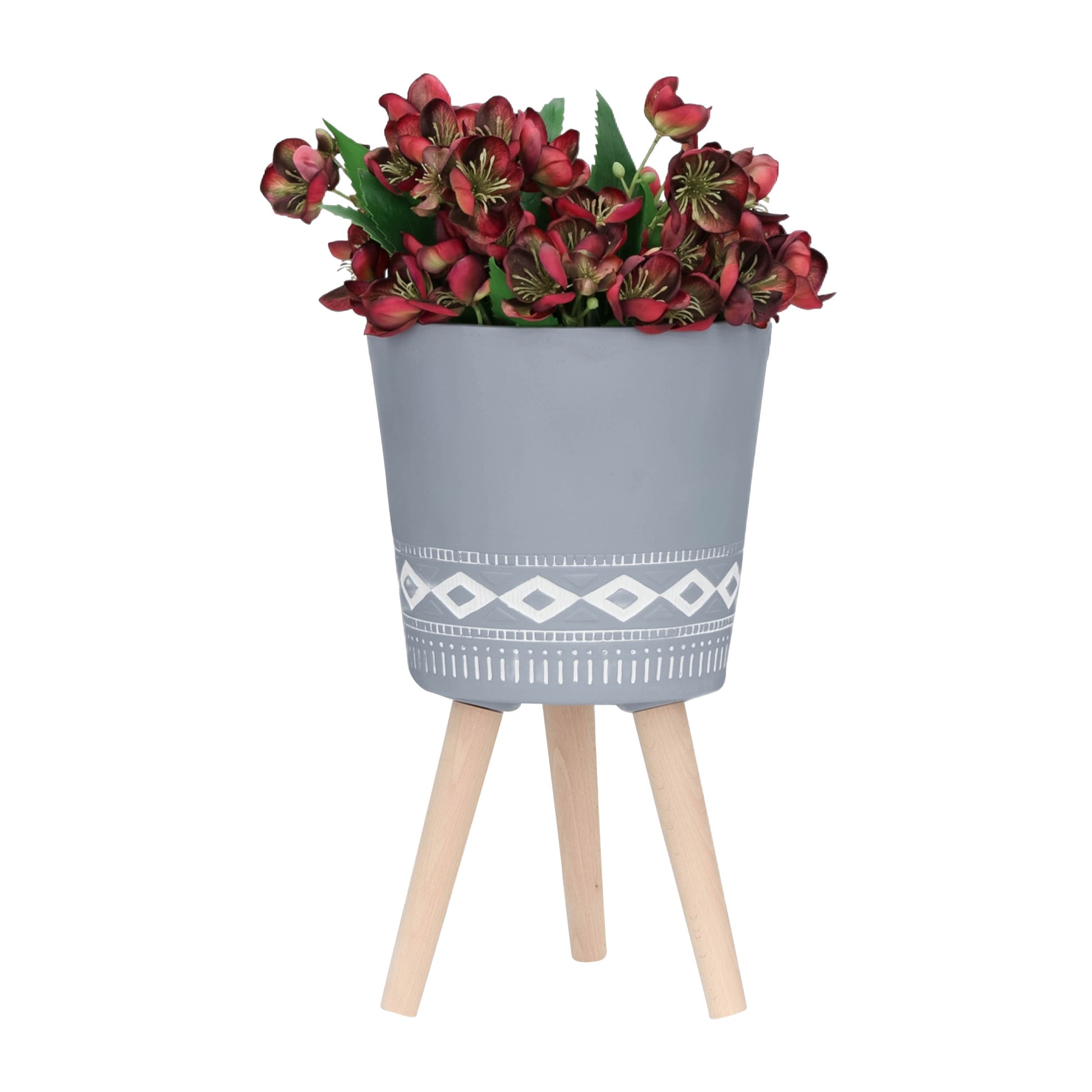 S 2 10 12" Diamond Planter W Wood Legs, Gray Kd Gray Polyresin