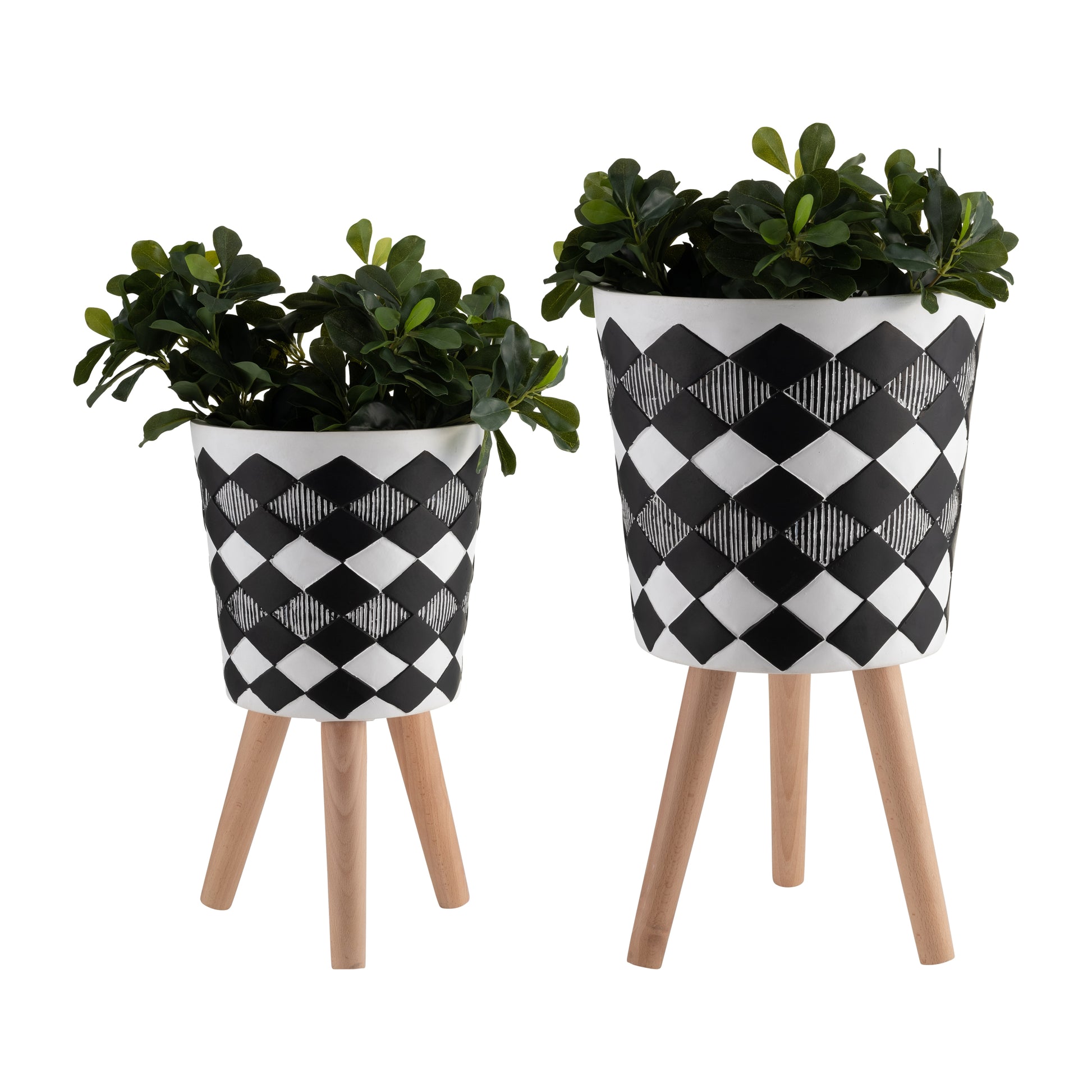 S 2 10 12" Diamond Planter W Wood Legs, Black Kd Black Polyresin