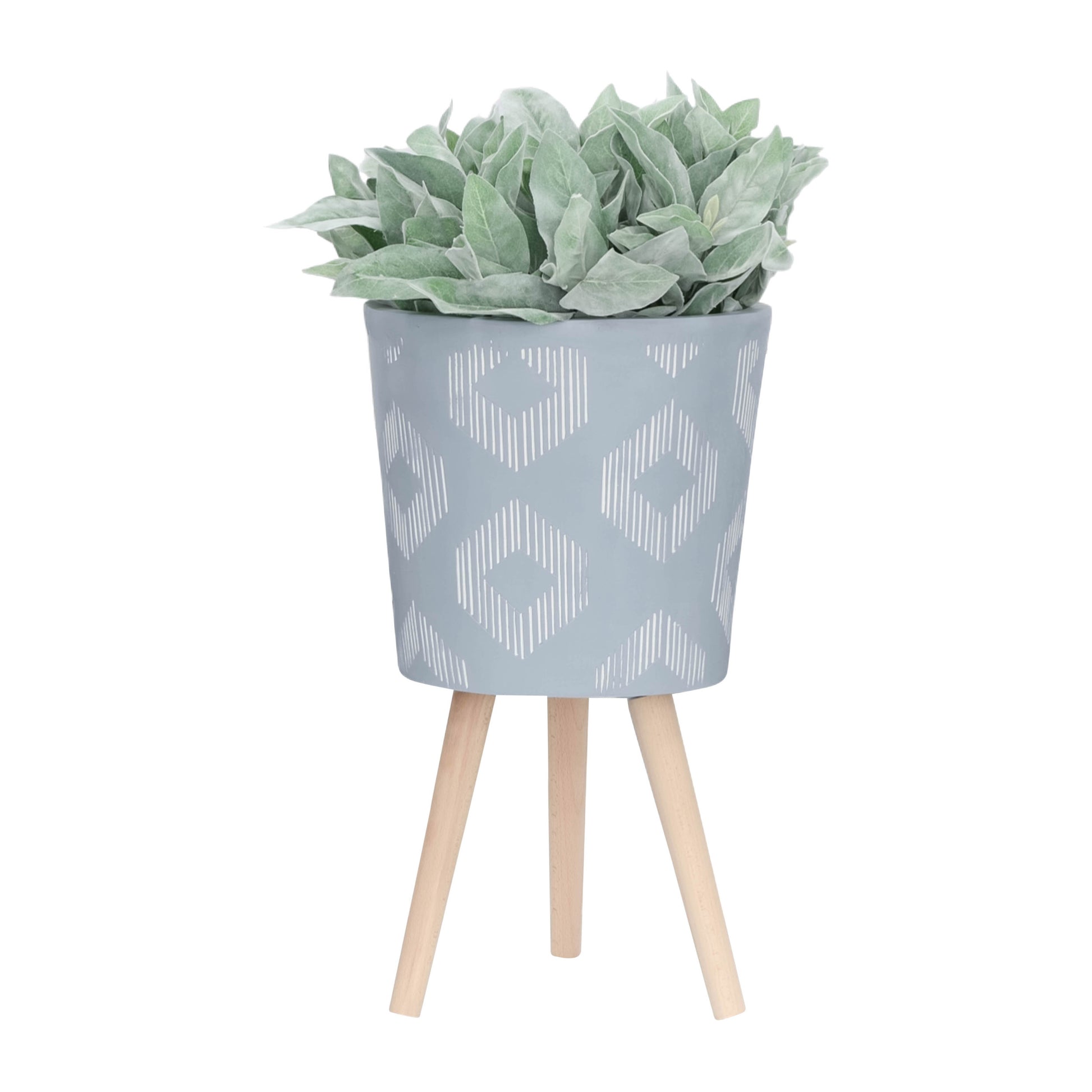 S 2 10 12" Diamond Planter W Wood Legs, Gray Kd Gray Polyresin