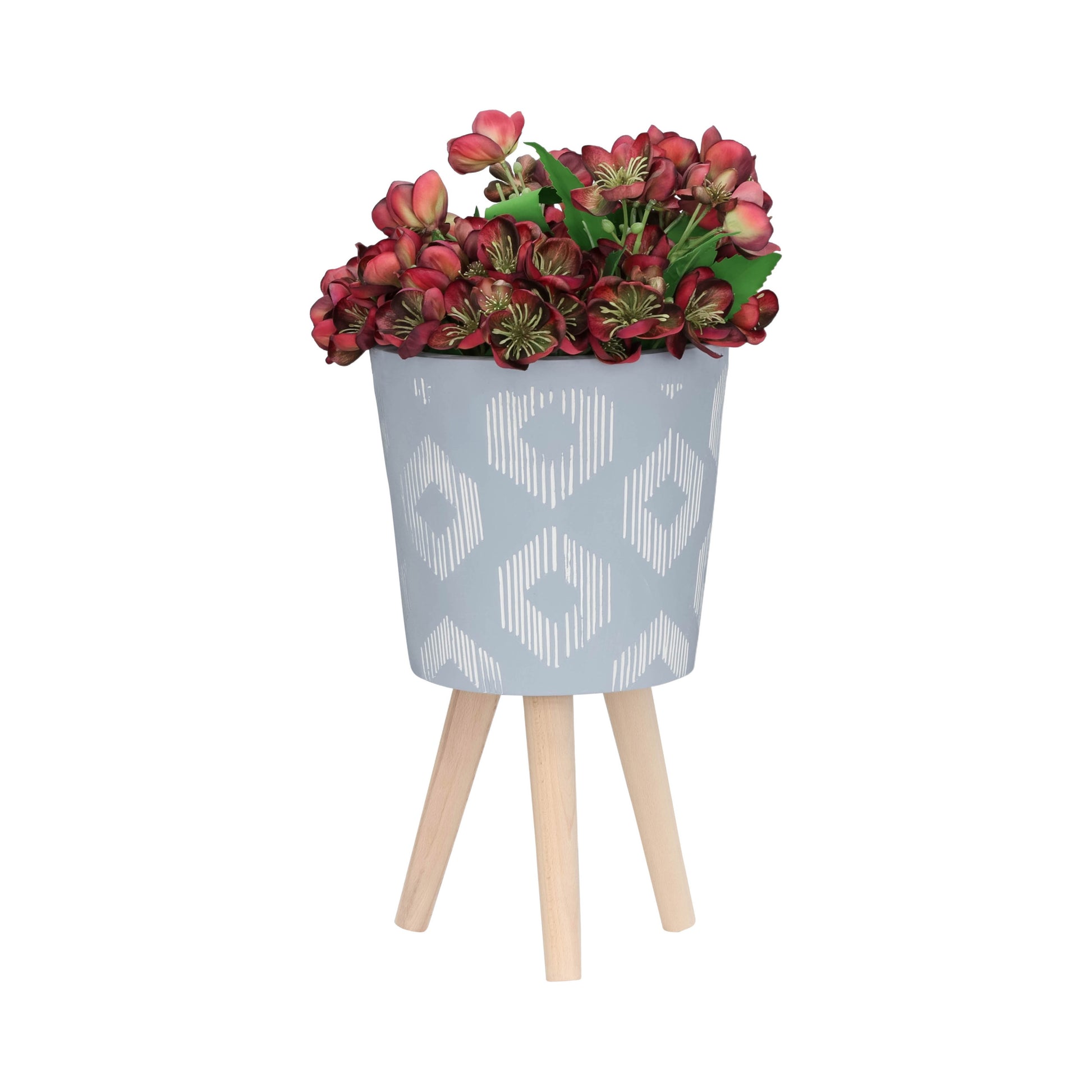 S 2 10 12" Diamond Planter W Wood Legs, Gray Kd Gray Polyresin