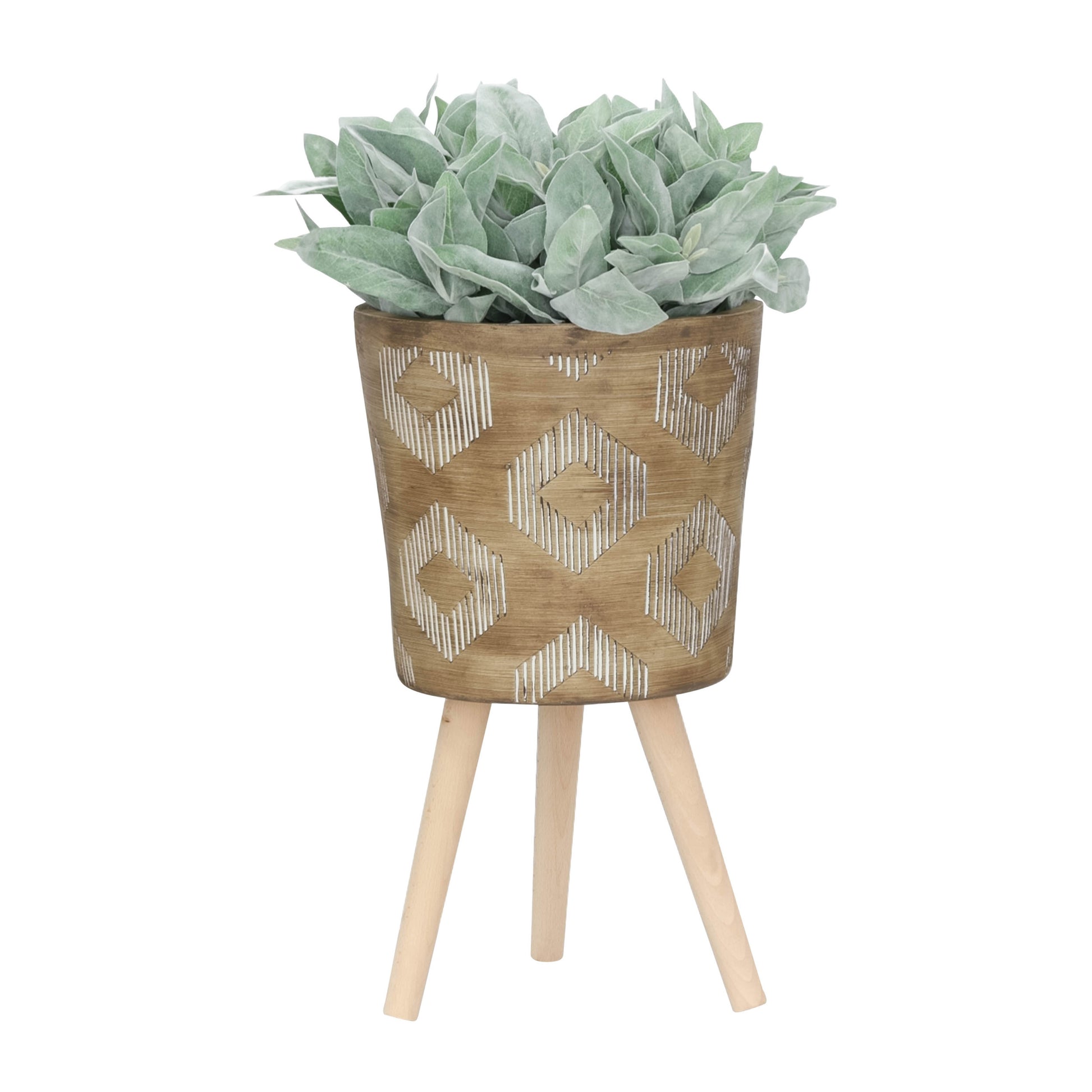 S 2 10 12" Diamond Planter W Wood Legs, Brown Kd Brown Polyresin