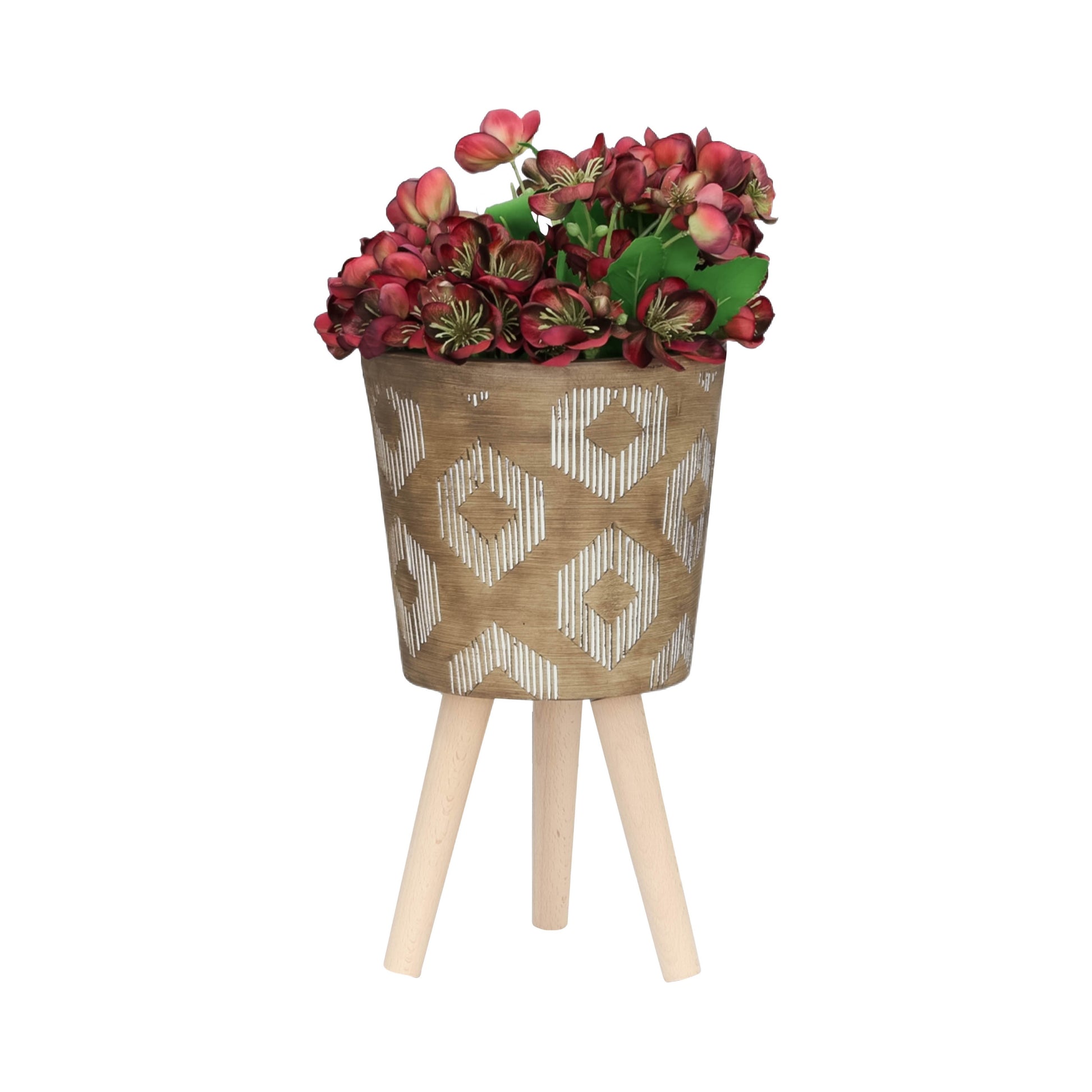 S 2 10 12" Diamond Planter W Wood Legs, Brown Kd Brown Polyresin